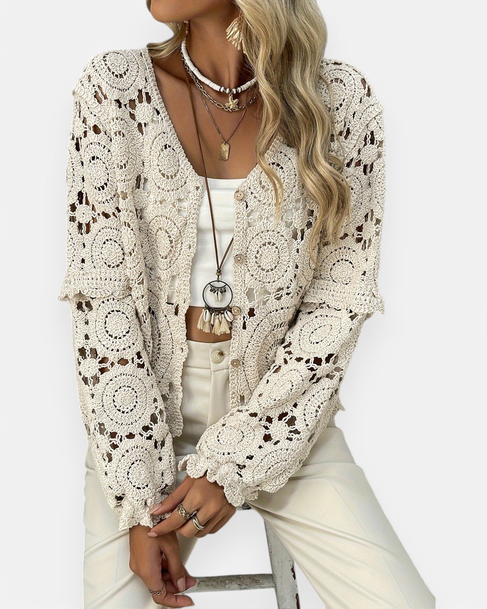 Alice – Boho V Neck Guipure Lace Button - Up Shirt - Boho Style - Apricot - S -