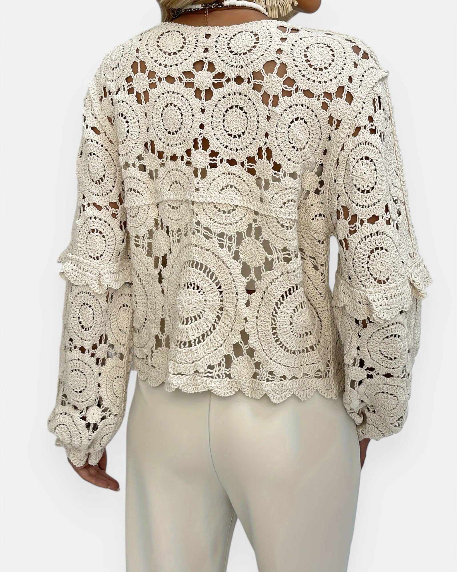 Alice – Boho V Neck Guipure Lace Button - Up Shirt - Boho Style - Apricot - S -