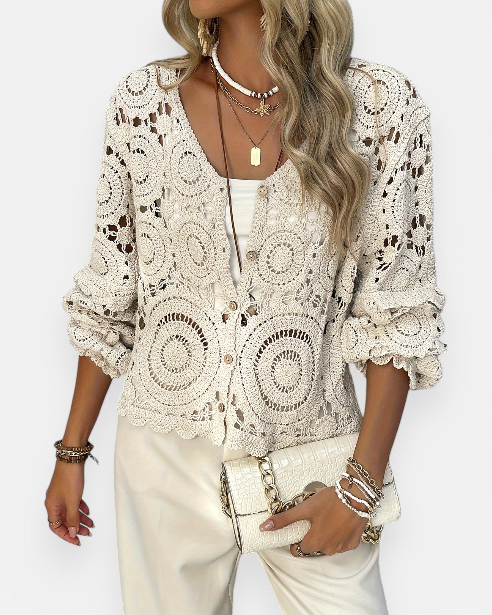 Alice – Boho V Neck Guipure Lace Button - Up Shirt - Boho Style - Apricot - S -