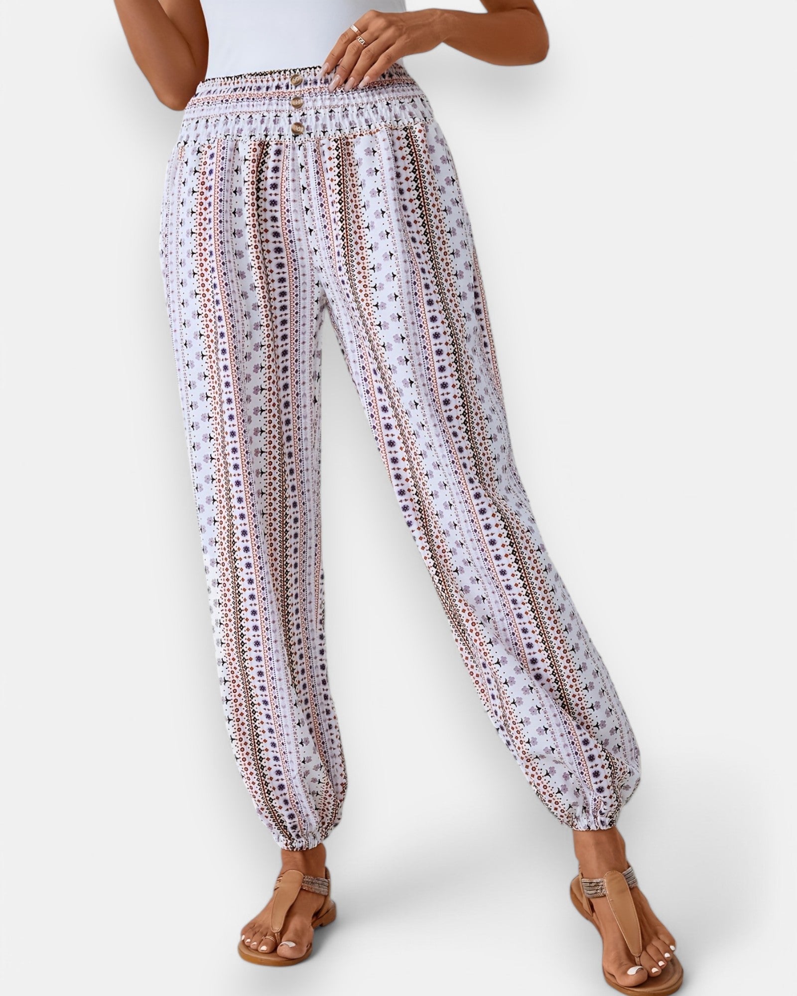 Amelia – Boho Ethnic Print Wide - Leg Trousers with Shirred Waist - Trouser - Boho Style