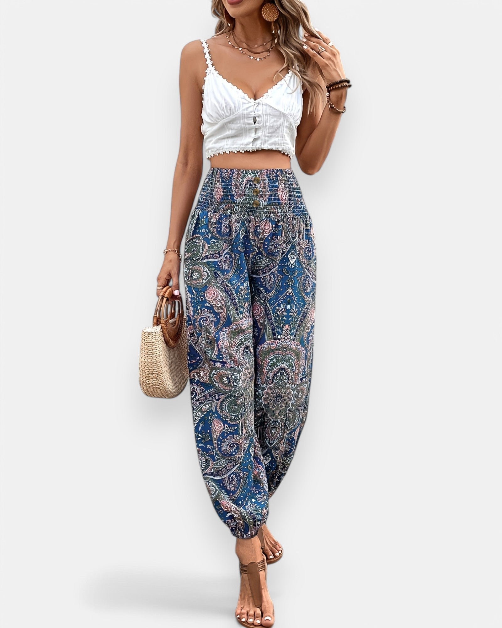 Amelia – Boho Ethnic Print Wide - Leg Trousers with Shirred Waist - Trouser - Boho Style