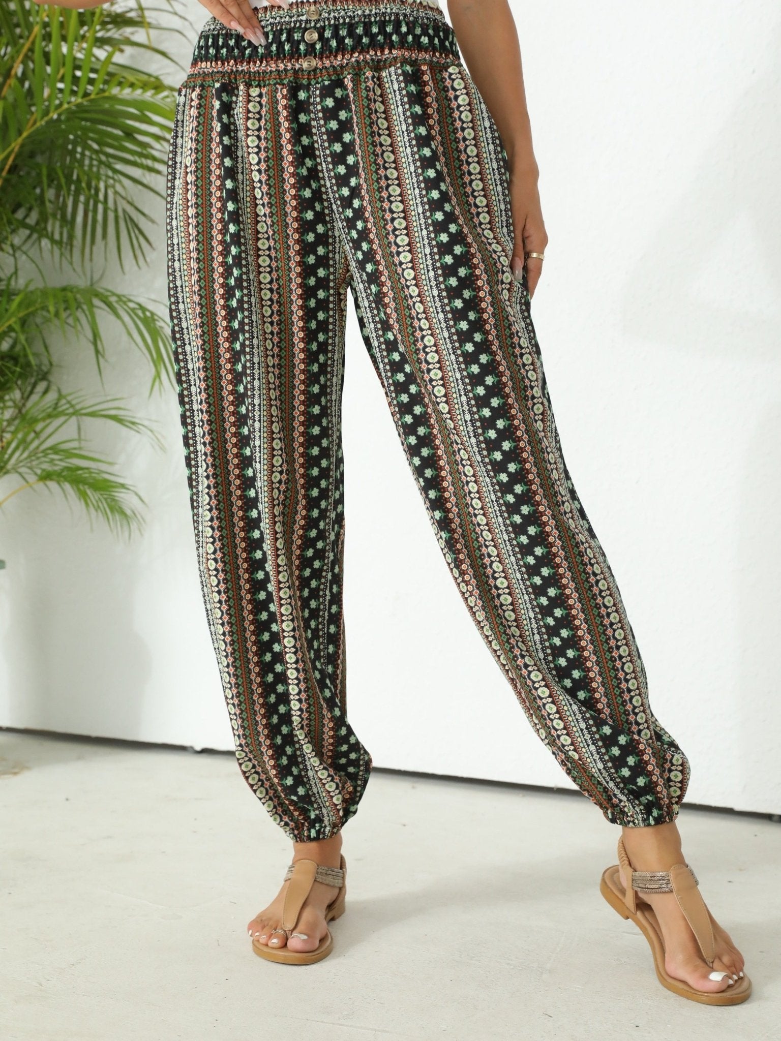 Amelia – Boho Ethnic Print Wide - Leg Trousers with Shirred Waist - Trouser - Boho Style