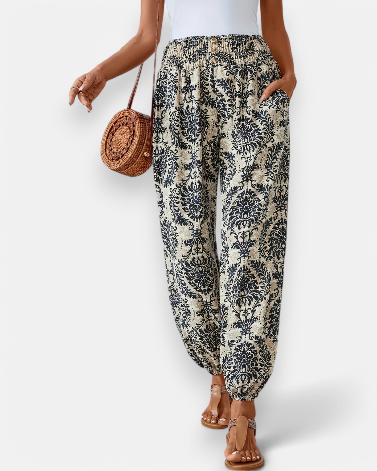 Amelia – Boho Ethnic Print Wide - Leg Trousers with Shirred Waist - Trouser - Boho Style