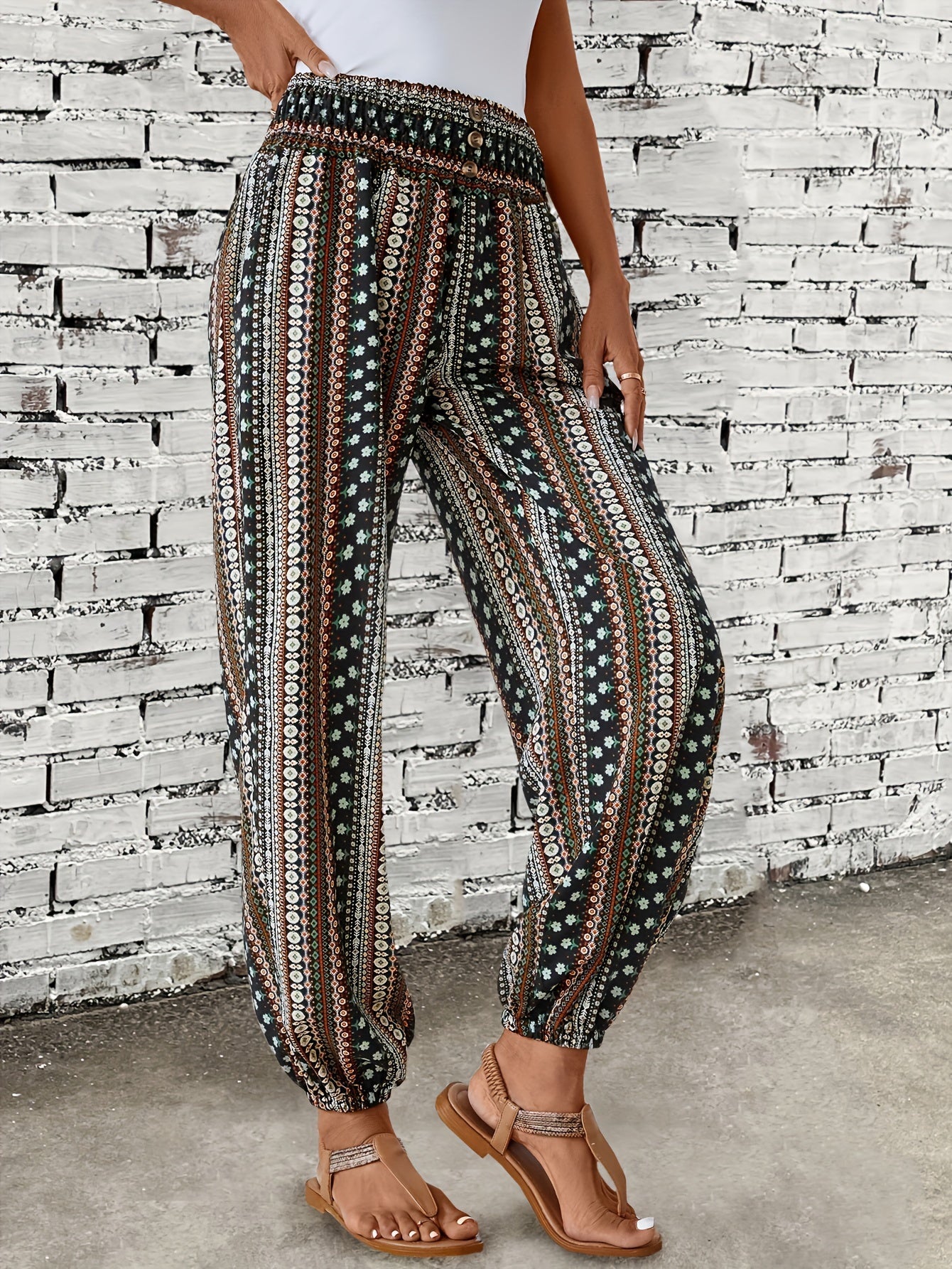 Amelia – Boho Ethnic Print Wide - Leg Trousers with Shirred Waist - Trouser - Boho Style