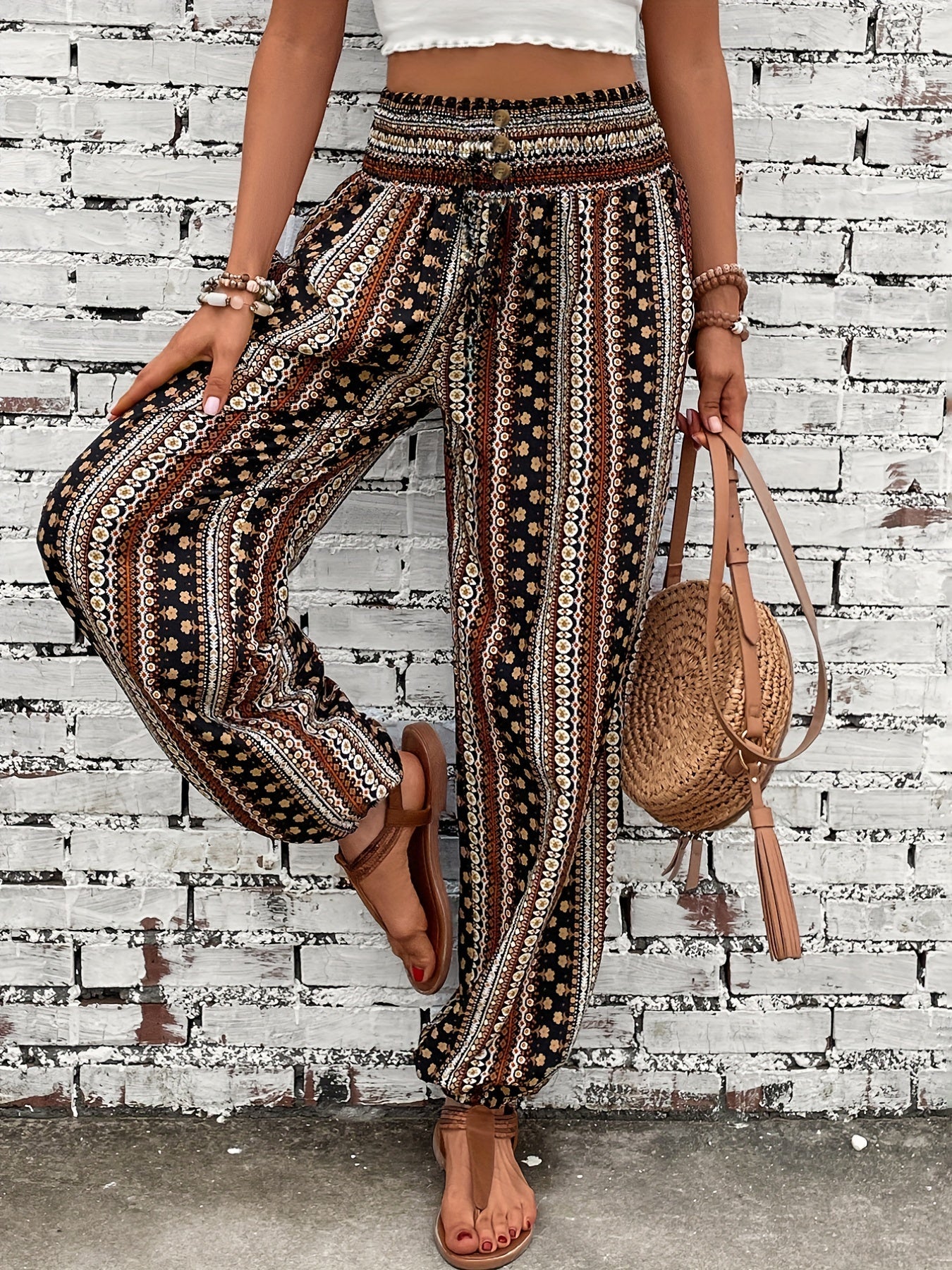 Amelia – Boho Ethnic Print Wide - Leg Trousers with Shirred Waist - Trouser - Boho Style