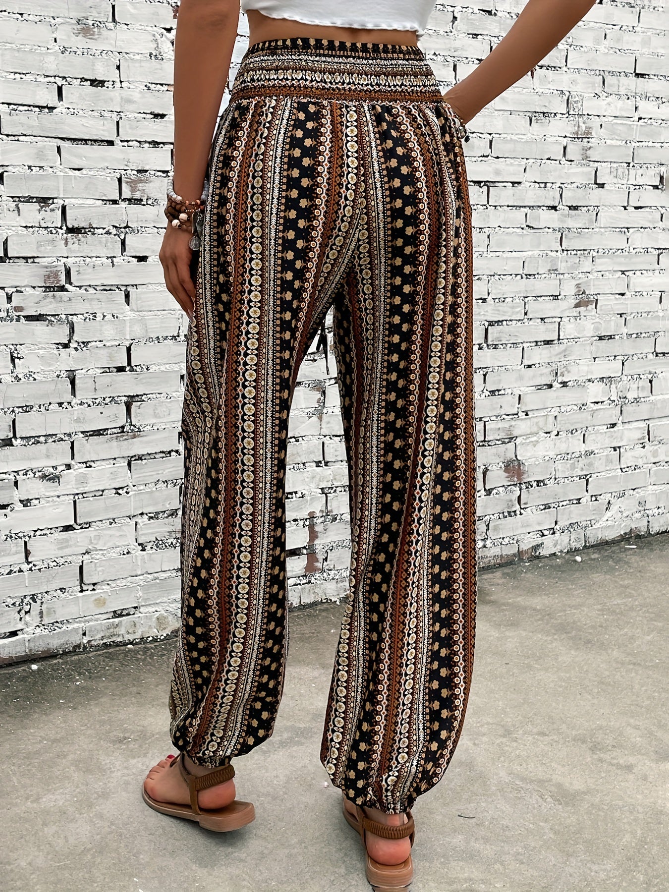 Amelia – Boho Ethnic Print Wide - Leg Trousers with Shirred Waist - Trouser - Boho Style