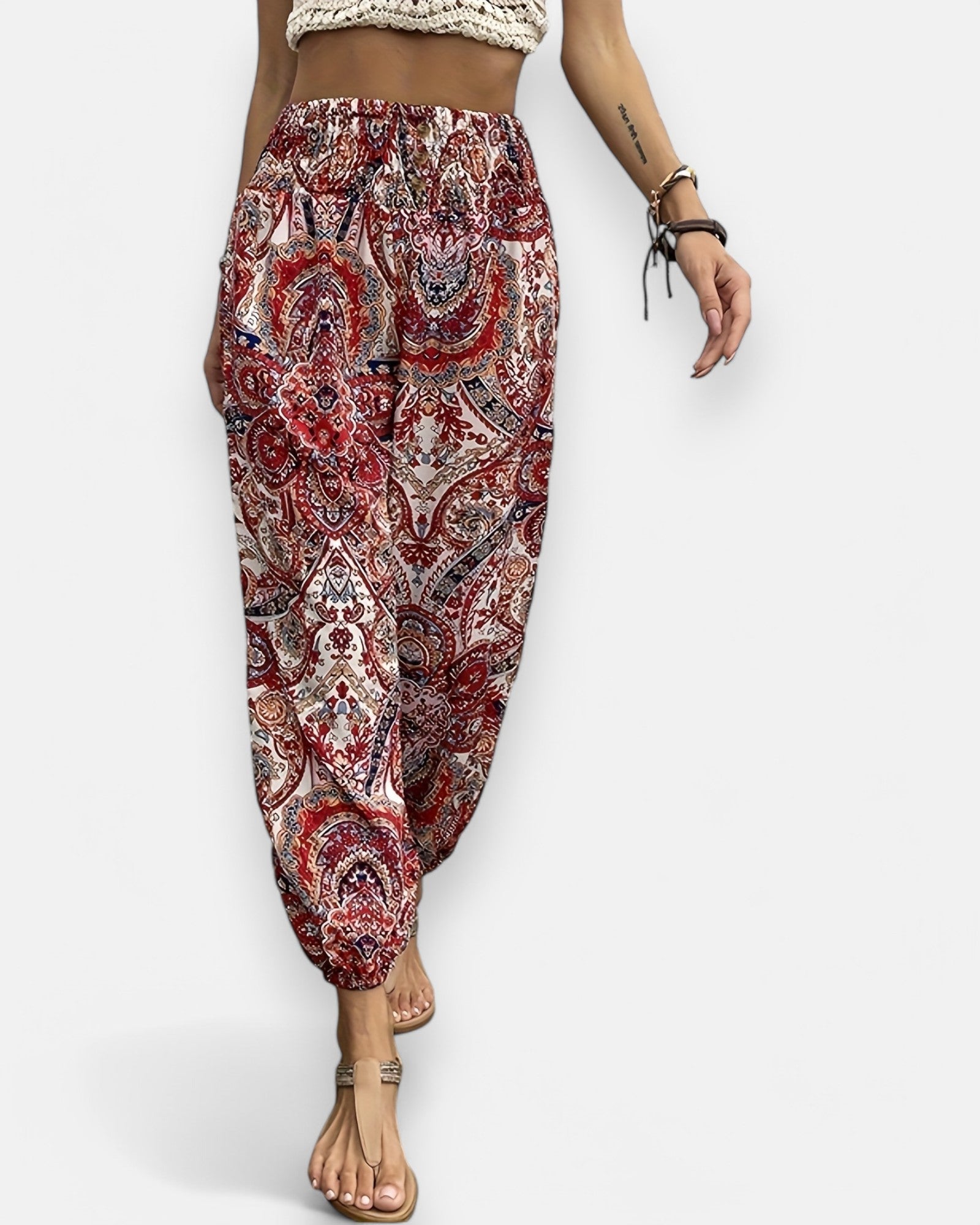 Amelia – Boho Ethnic Print Wide - Leg Trousers with Shirred Waist - Trouser - Boho Style