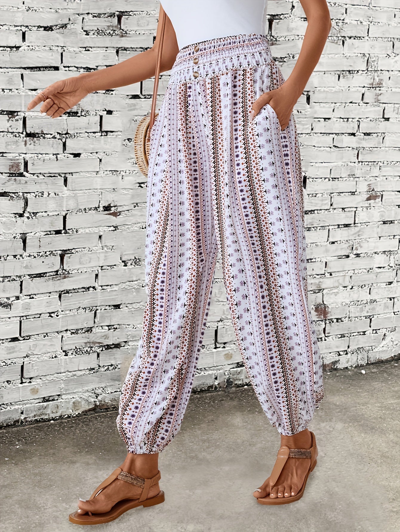 Amelia – Boho Ethnic Print Wide - Leg Trousers with Shirred Waist - Trouser - Boho Style