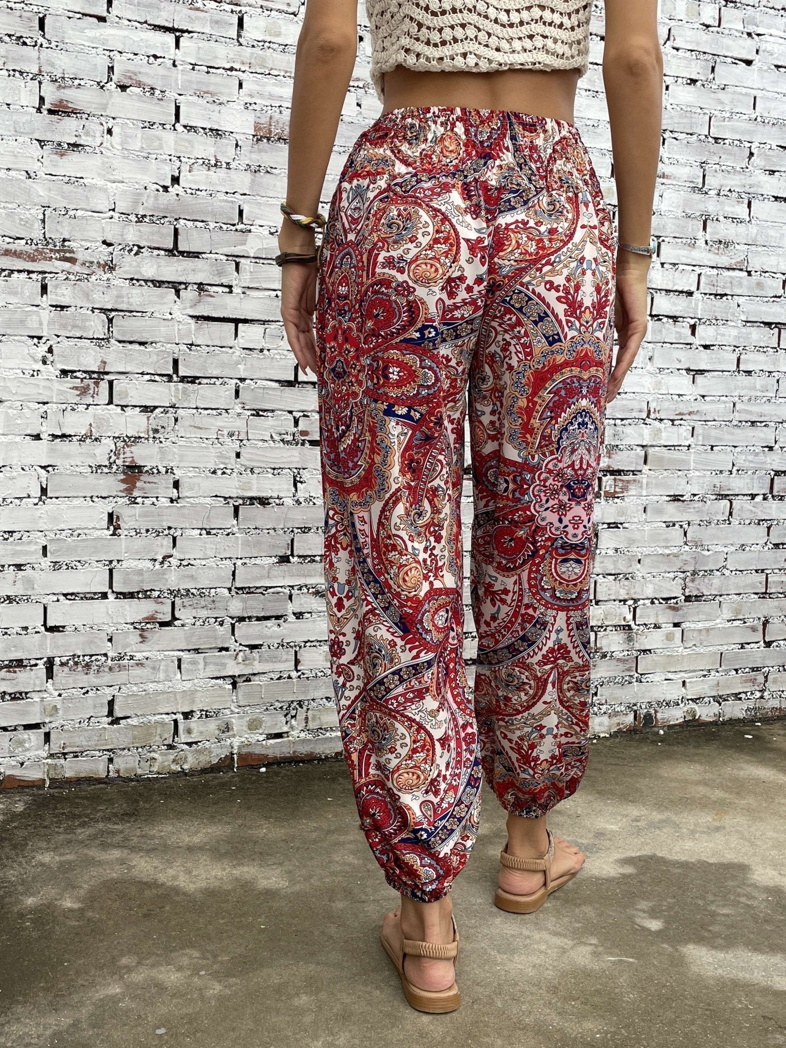 Amelia – Boho Ethnic Print Wide - Leg Trousers with Shirred Waist - Trouser - Boho Style