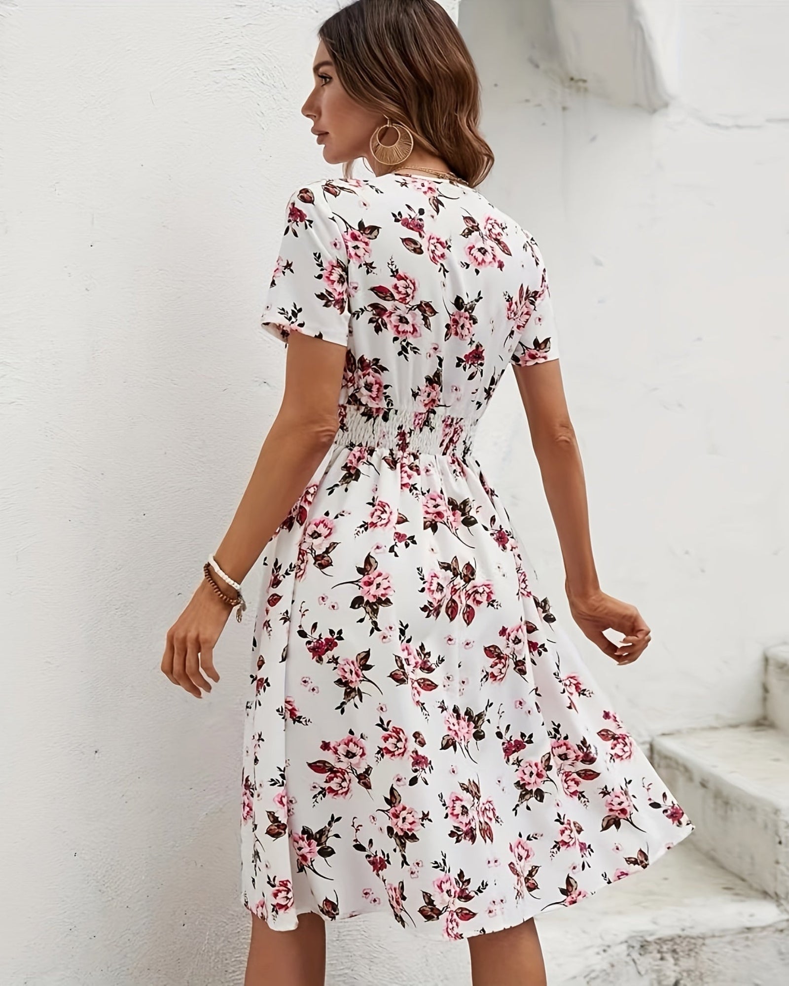 Amelia – Boho Floral Print V Neck Dress with Shirred Waist - Dress - Boho Style