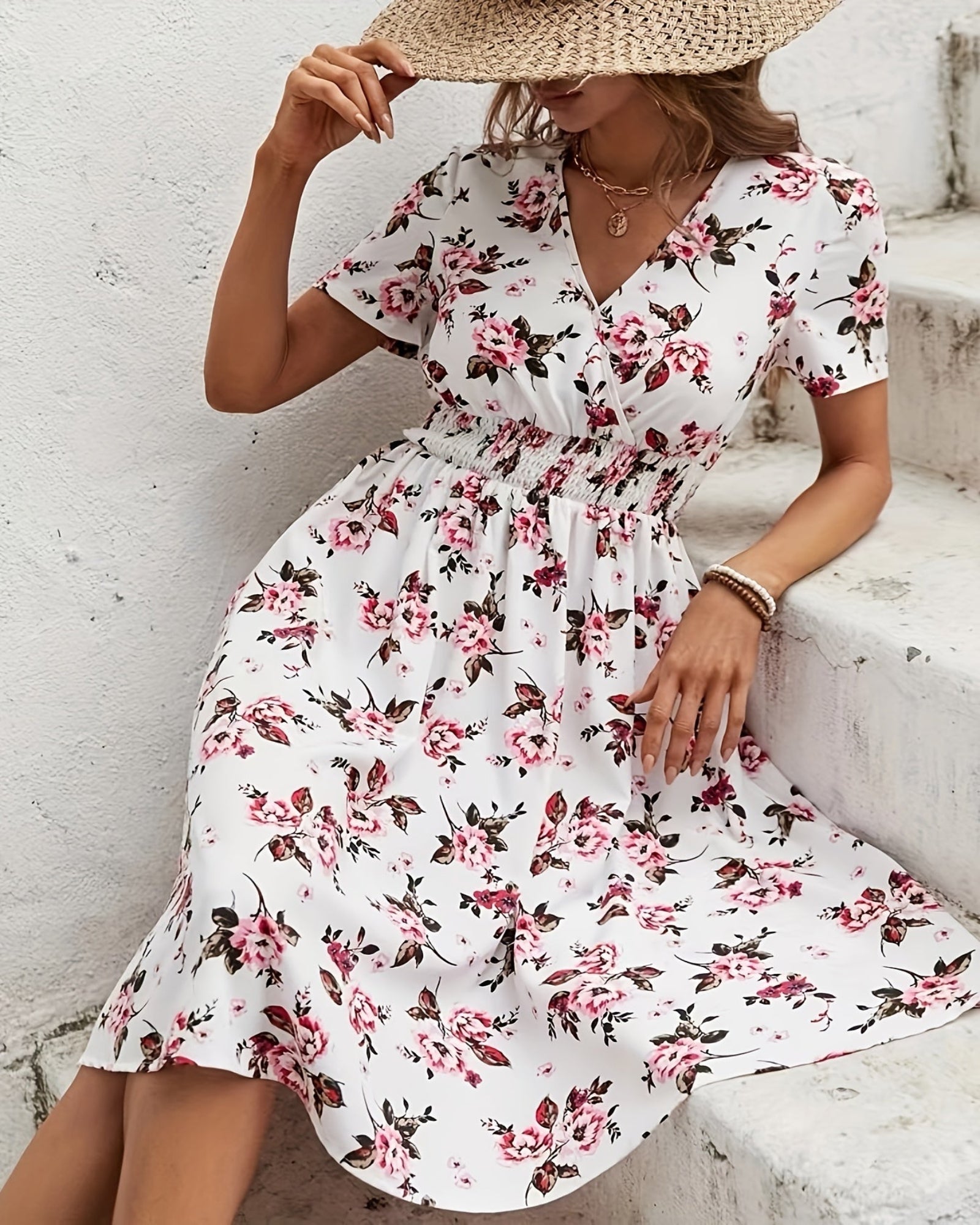 Amelia – Boho Floral Print V Neck Dress with Shirred Waist - Dress - Boho Style