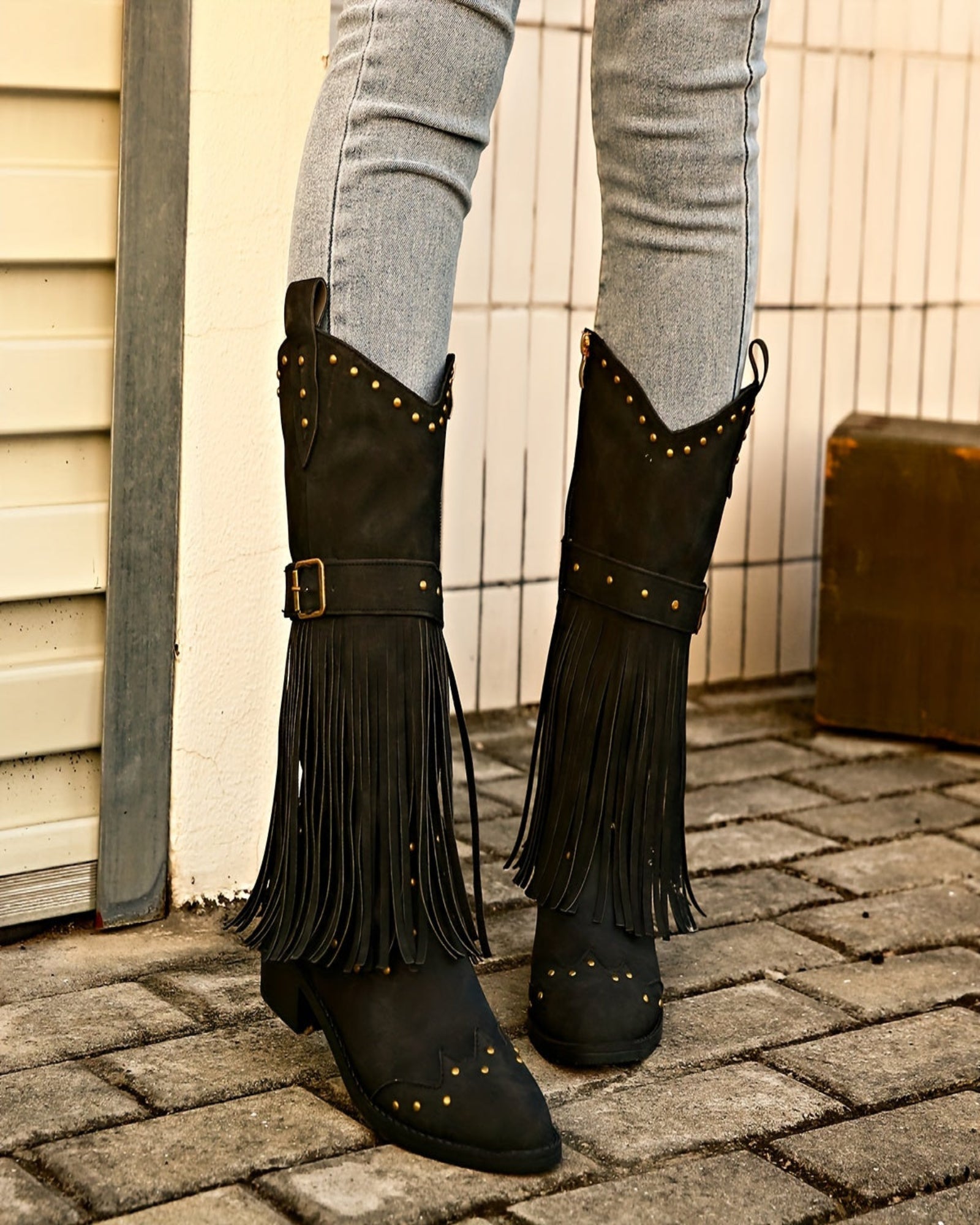 Amelia – Boho Mid - Calf Cowboy Boots with Tassels & Chunky Heel - Boho Style - Green - 36 -