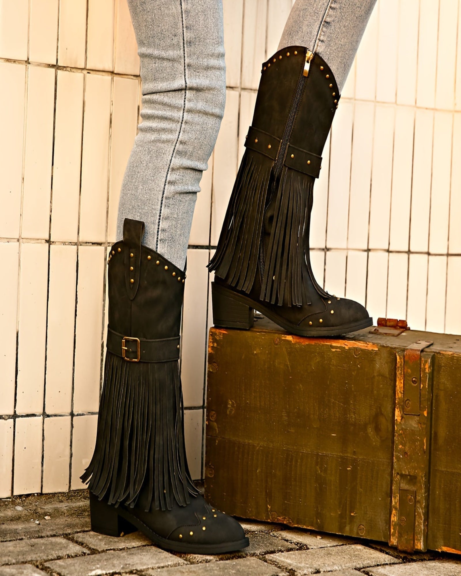 Amelia – Boho Mid - Calf Cowboy Boots with Tassels & Chunky Heel - Boho Style - Green - 36 -