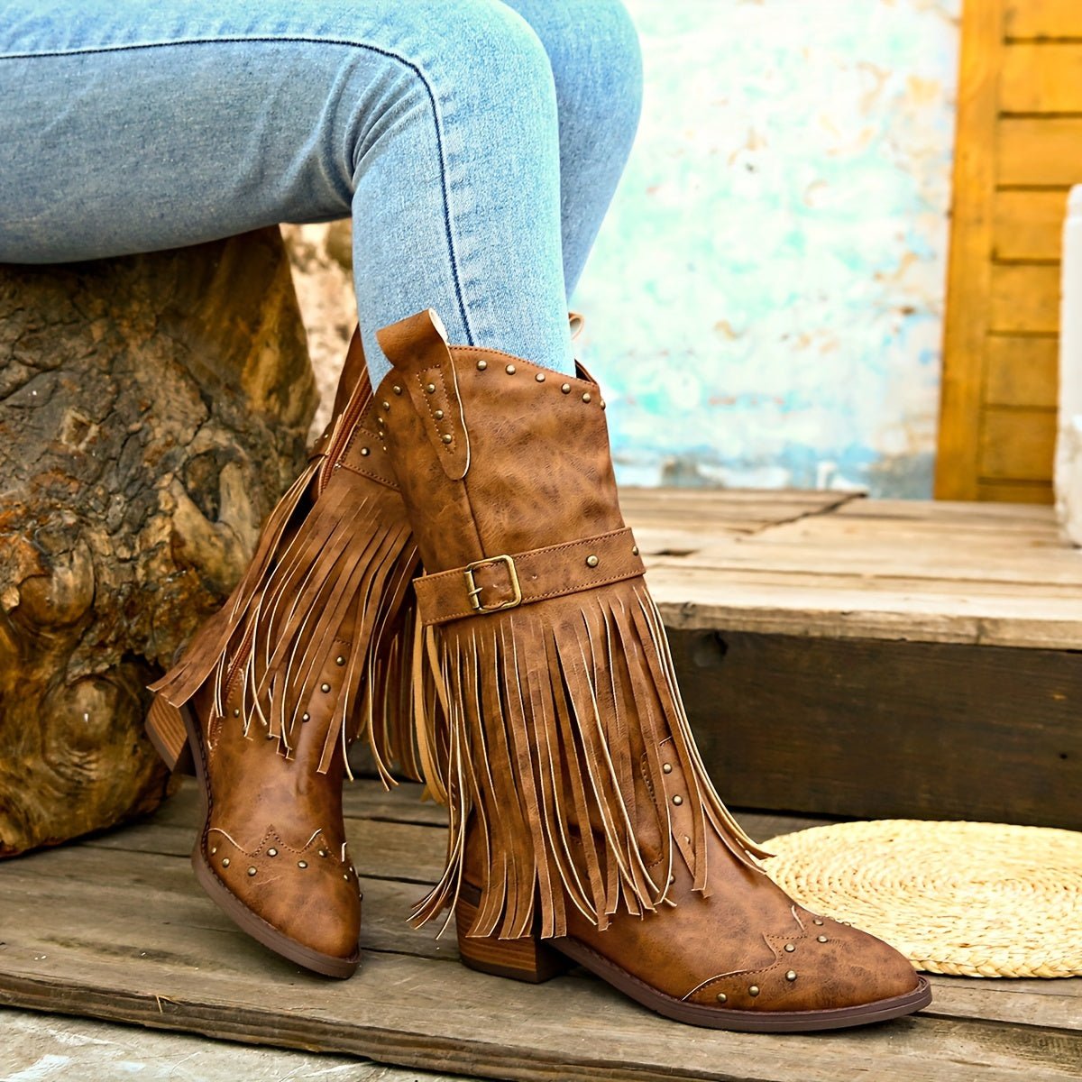 Amelia – Boho Mid - Calf Cowboy Boots with Tassels & Chunky Heel - Boho Style - Green - 36 -