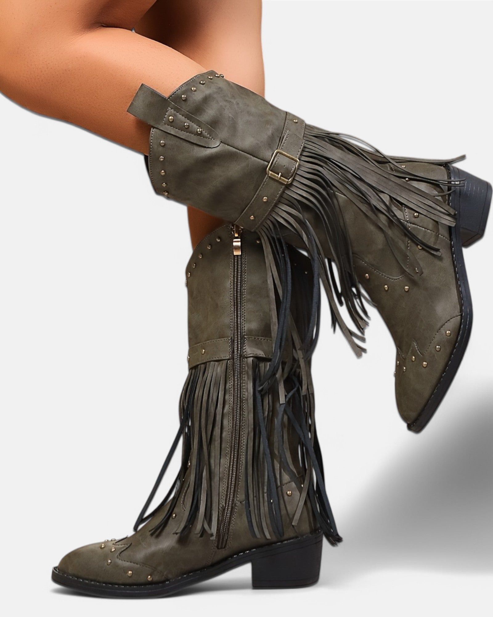 Amelia – Boho Mid - Calf Cowboy Boots with Tassels & Chunky Heel - Boho Style - Green - 36 -