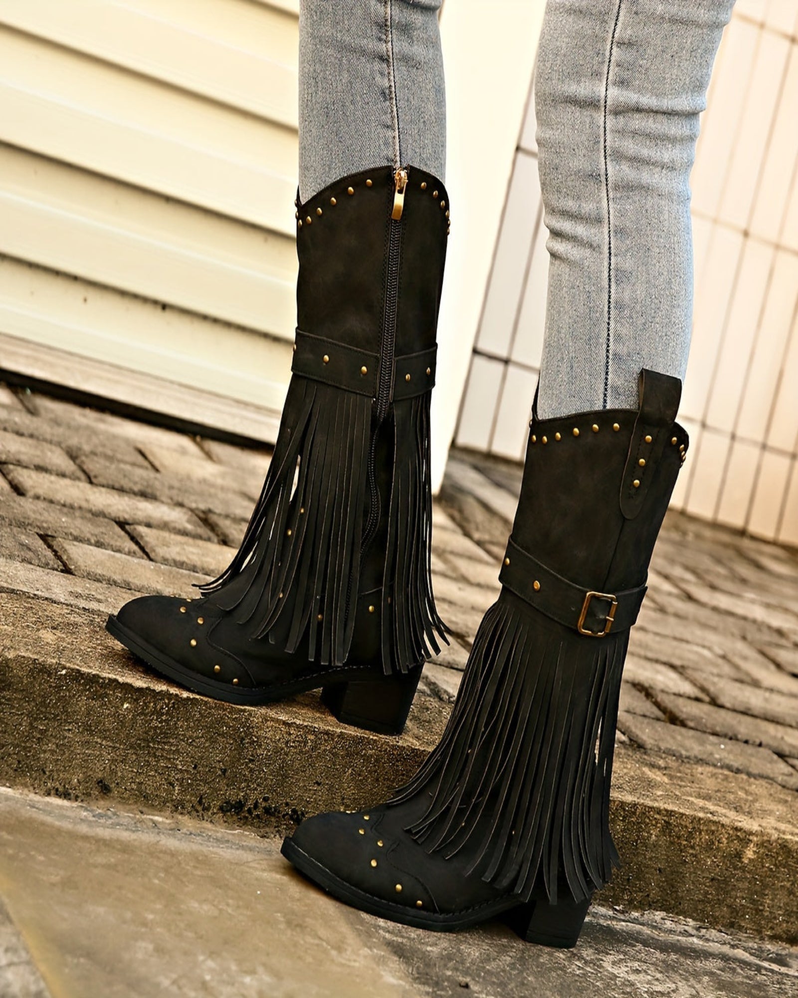 Amelia – Boho Mid - Calf Cowboy Boots with Tassels & Chunky Heel - Boho Style - Green - 36 -