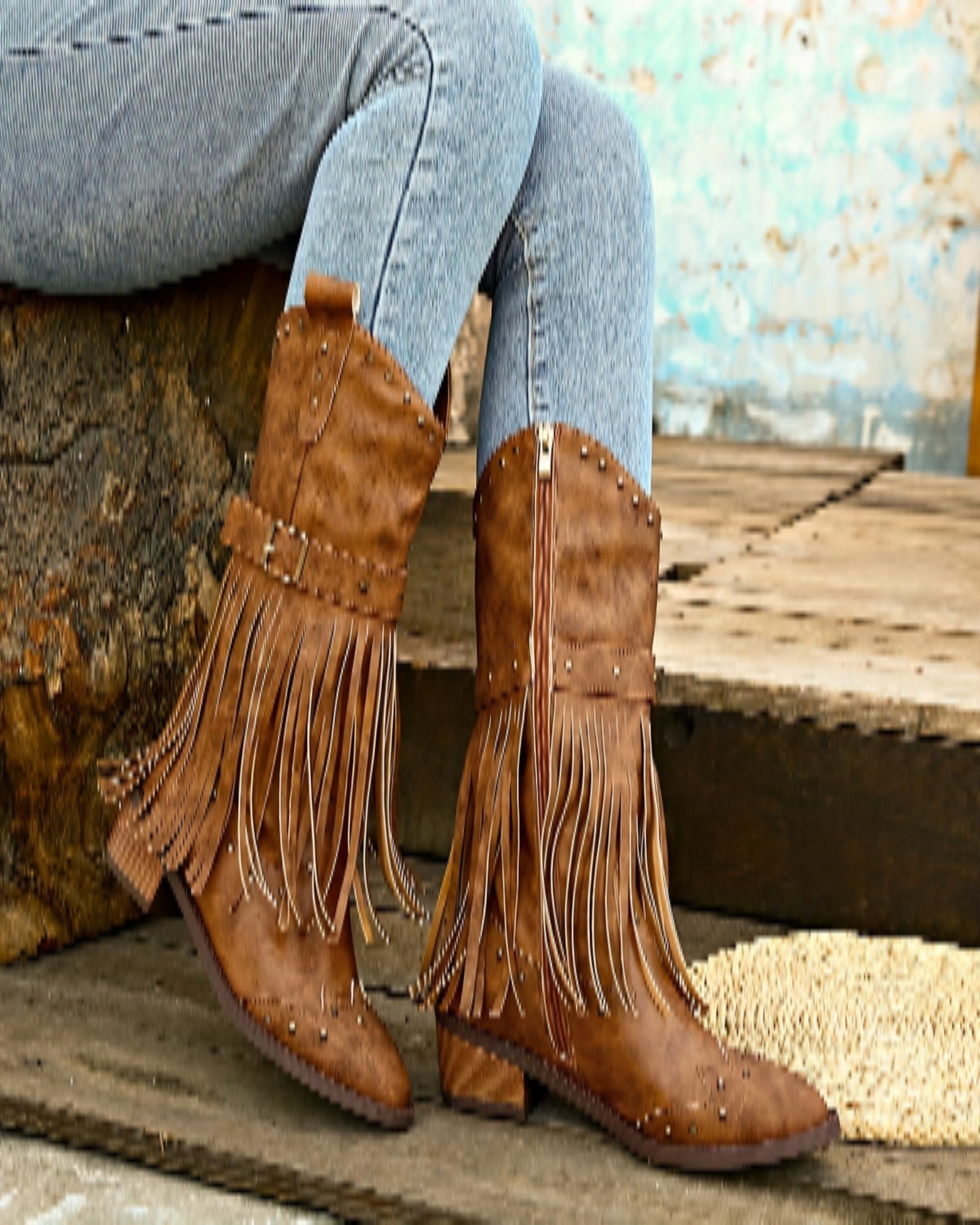 Amelia – Boho Mid - Calf Cowboy Boots with Tassels & Chunky Heel - Boho Style - Green - 36 -
