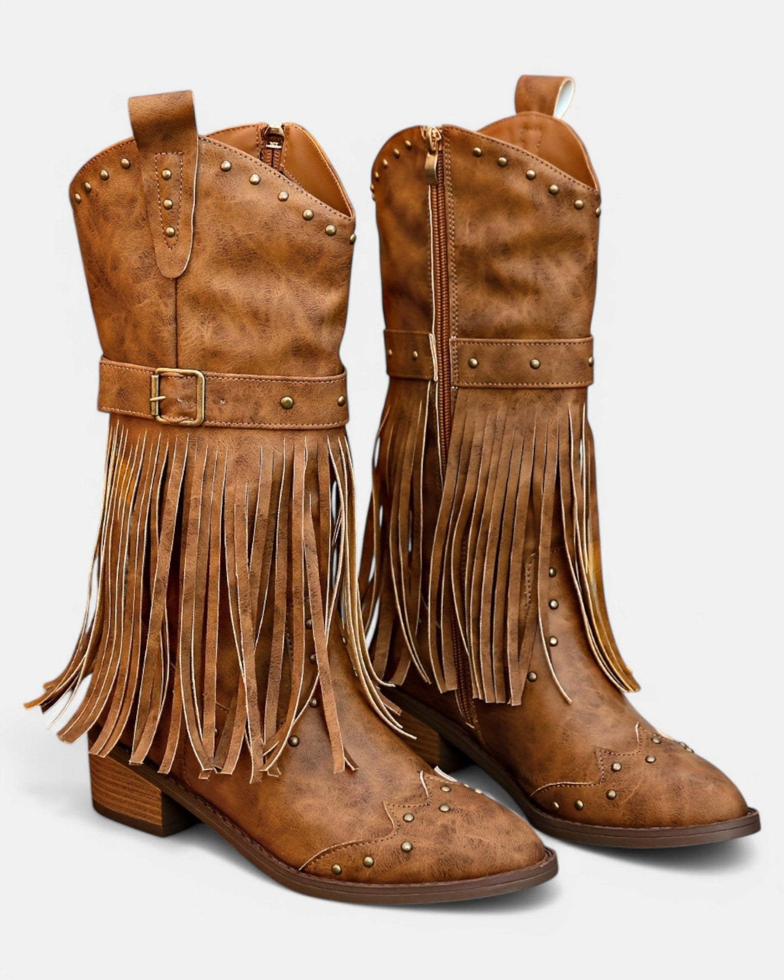 Amelia – Boho Mid - Calf Cowboy Boots with Tassels & Chunky Heel - Boho Style - Brown - 36 -