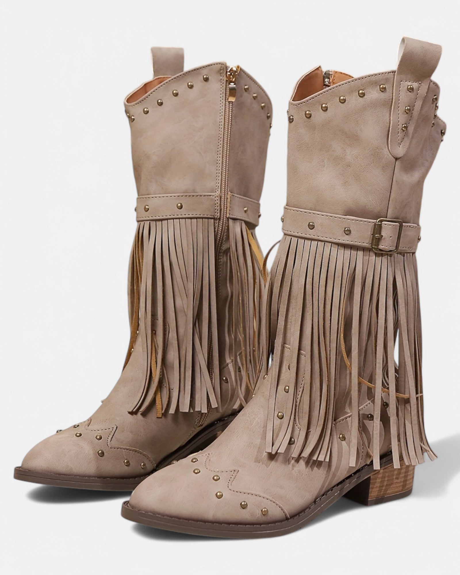 Amelia – Boho Mid - Calf Cowboy Boots with Tassels & Chunky Heel - Boho Style - Grey - 36 -