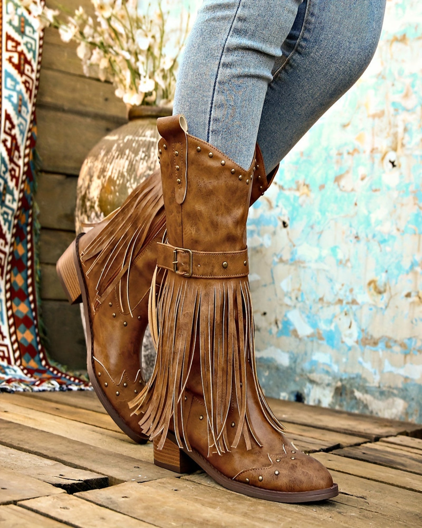 Amelia – Boho Mid - Calf Cowboy Boots with Tassels & Chunky Heel - Boho Style - Green - 36 -