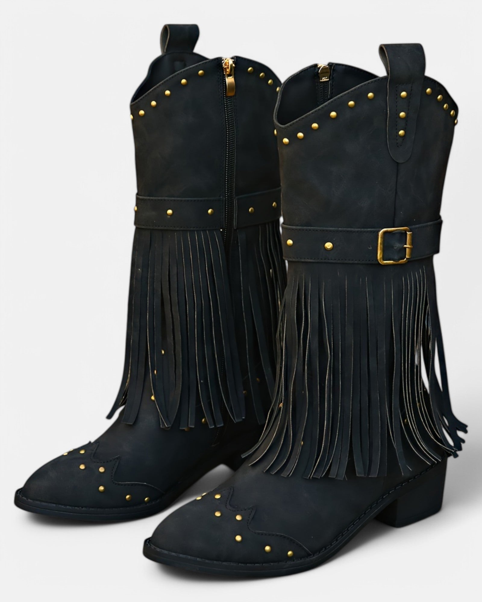 Amelia – Boho Mid - Calf Cowboy Boots with Tassels & Chunky Heel - Boho Style - Black - 36 -