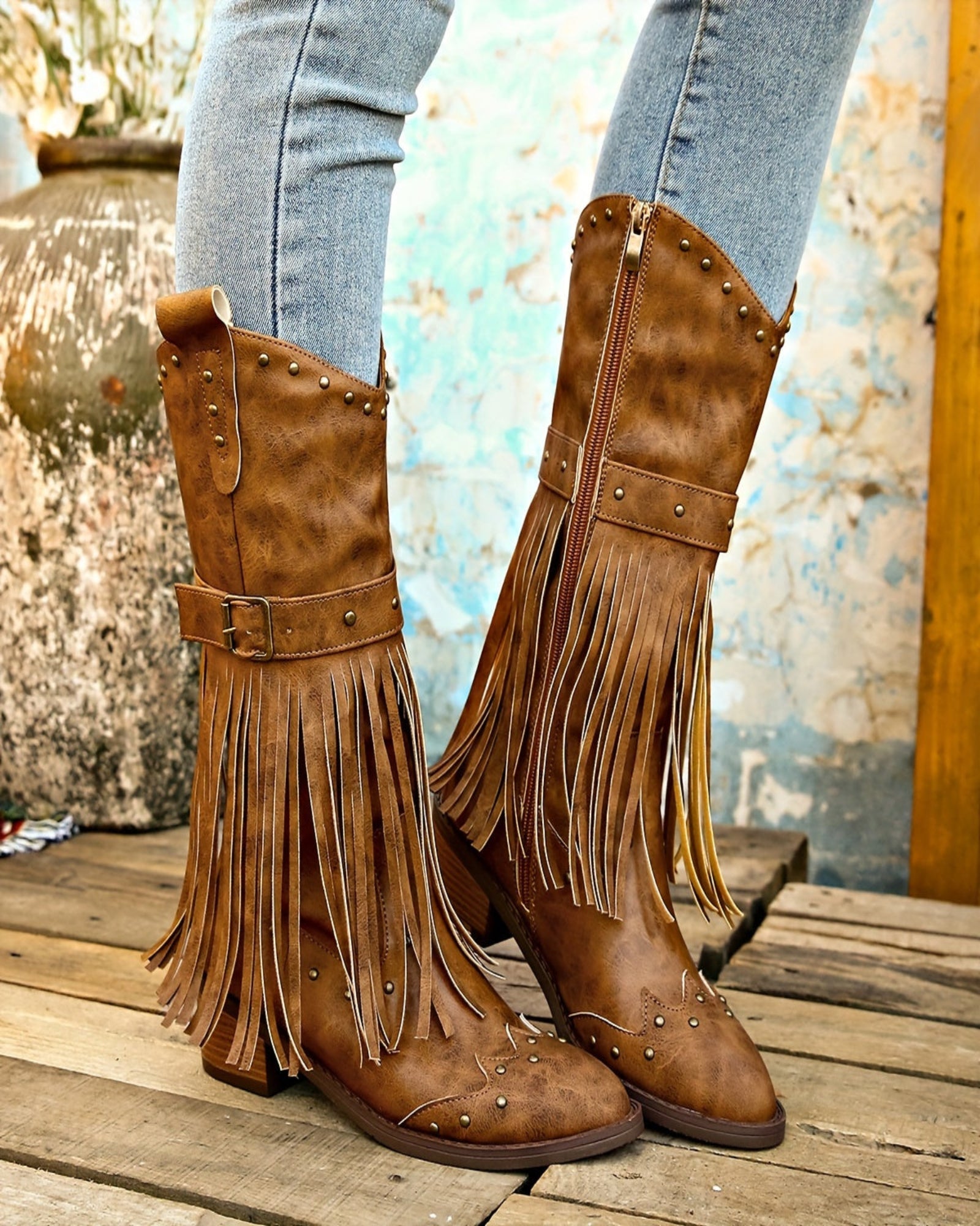 Amelia – Boho Mid - Calf Cowboy Boots with Tassels & Chunky Heel - Boho Style - Green - 36 -