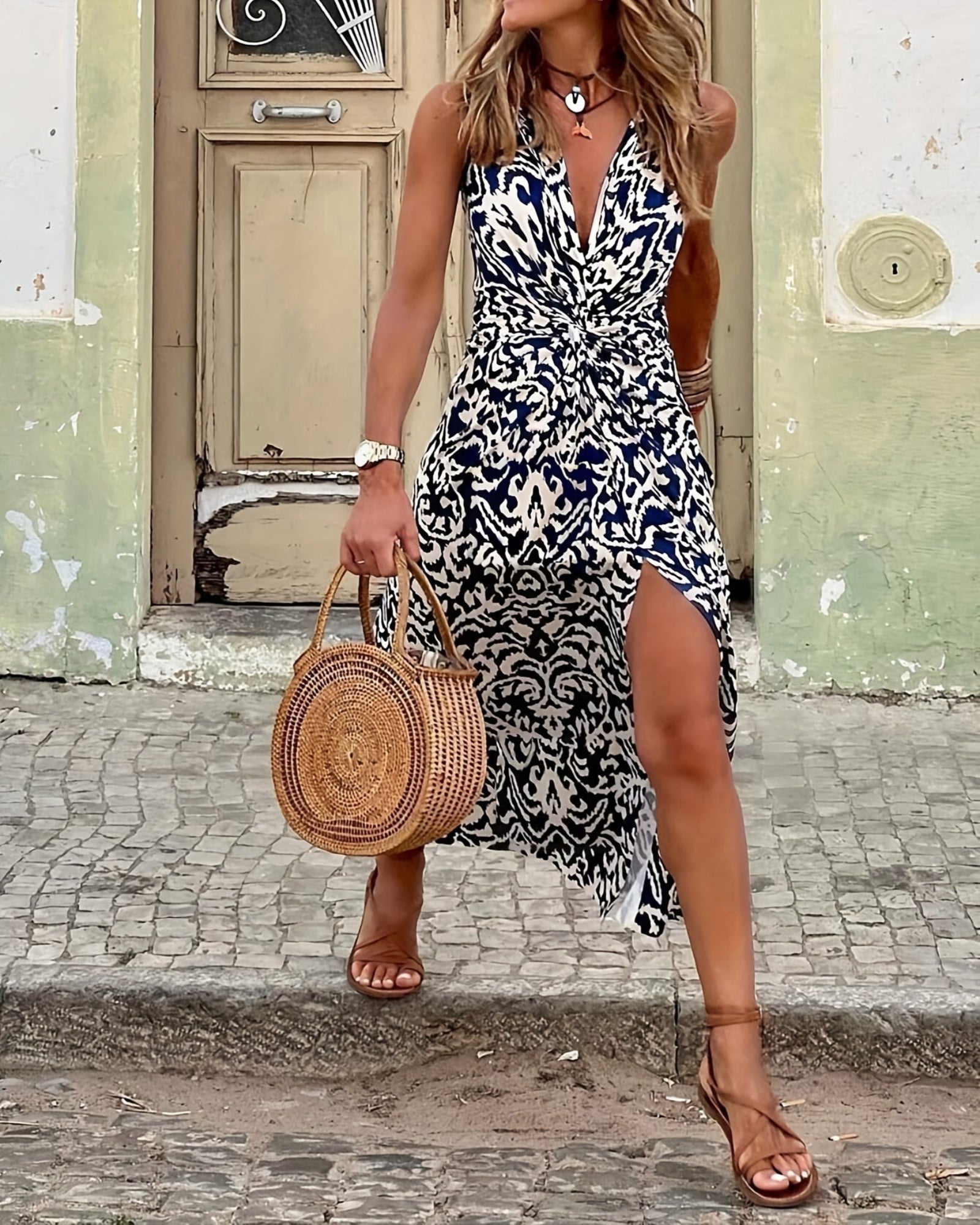 Amelia – Flowing Cotton V - Neck Boho Dress with Slit - Dress - Boho Style