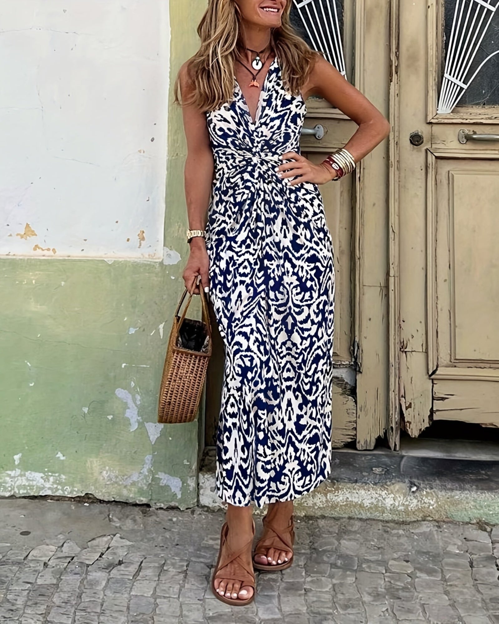 Amelia – Flowing Cotton V - Neck Boho Dress with Slit - Dress - Boho Style