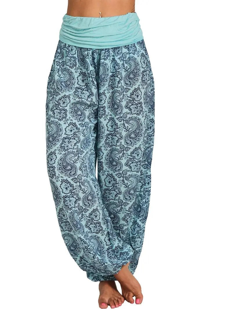 Amelia – Lightweight Boho Floral Paisley Harem Trousers - Boho Style - Sky Blue - UK 8 -