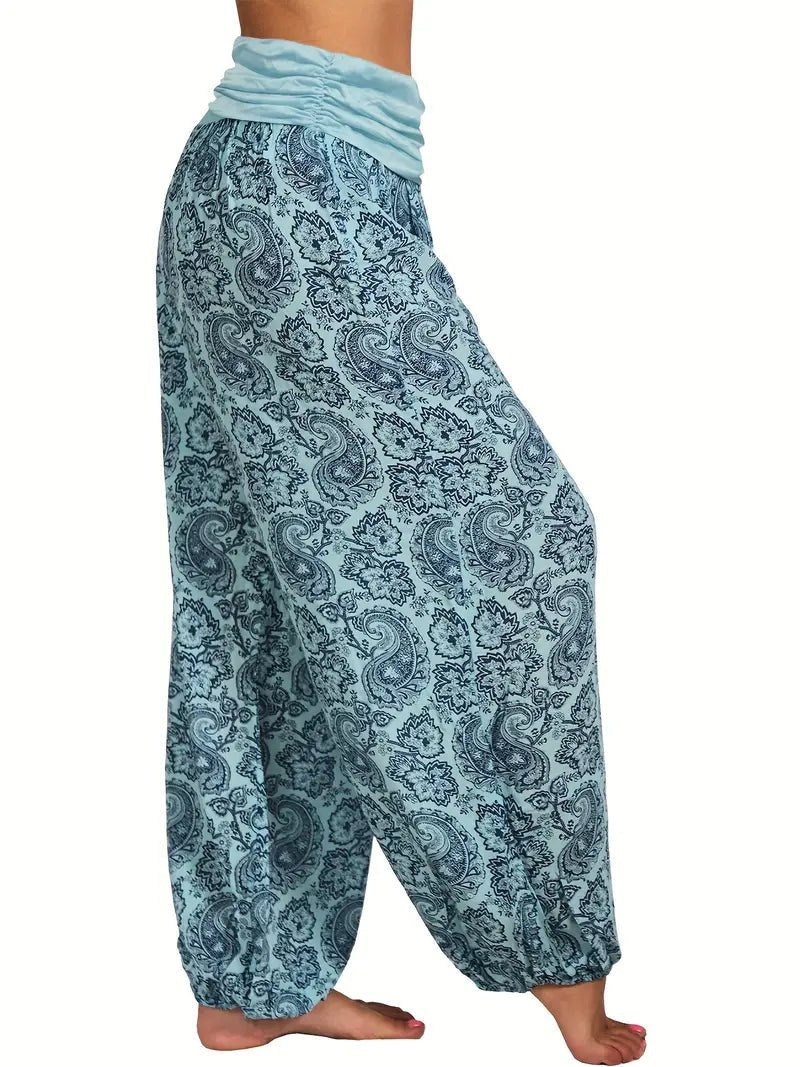 Amelia – Lightweight Boho Floral Paisley Harem Trousers - Boho Style - Sky Blue - UK 8 -