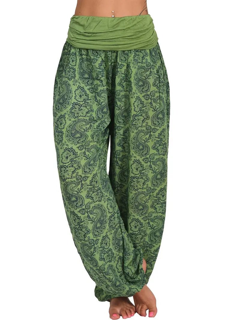 Amelia – Lightweight Boho Floral Paisley Harem Trousers - Boho Style - Green - UK 8 -