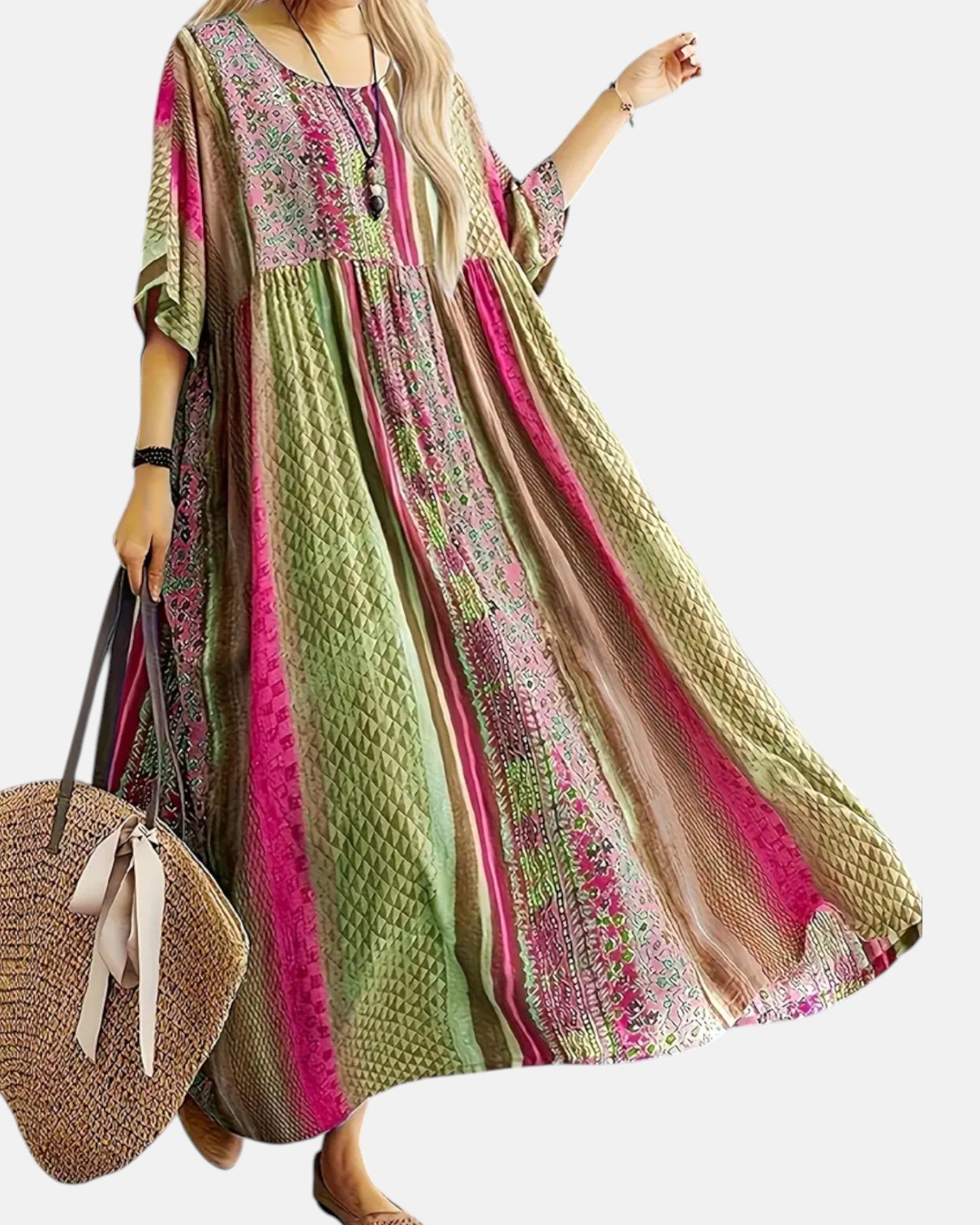Arabella – Breezy Cotton Plus Size Boho Maxi Dress - Boho Style - Green - Pink - XL -