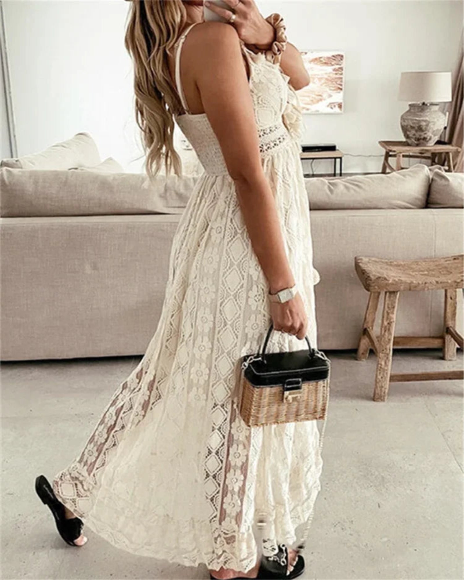 Araya – Boho White Lace V - Neck Ruffle Maxi Dress - Dresses - Boho Style