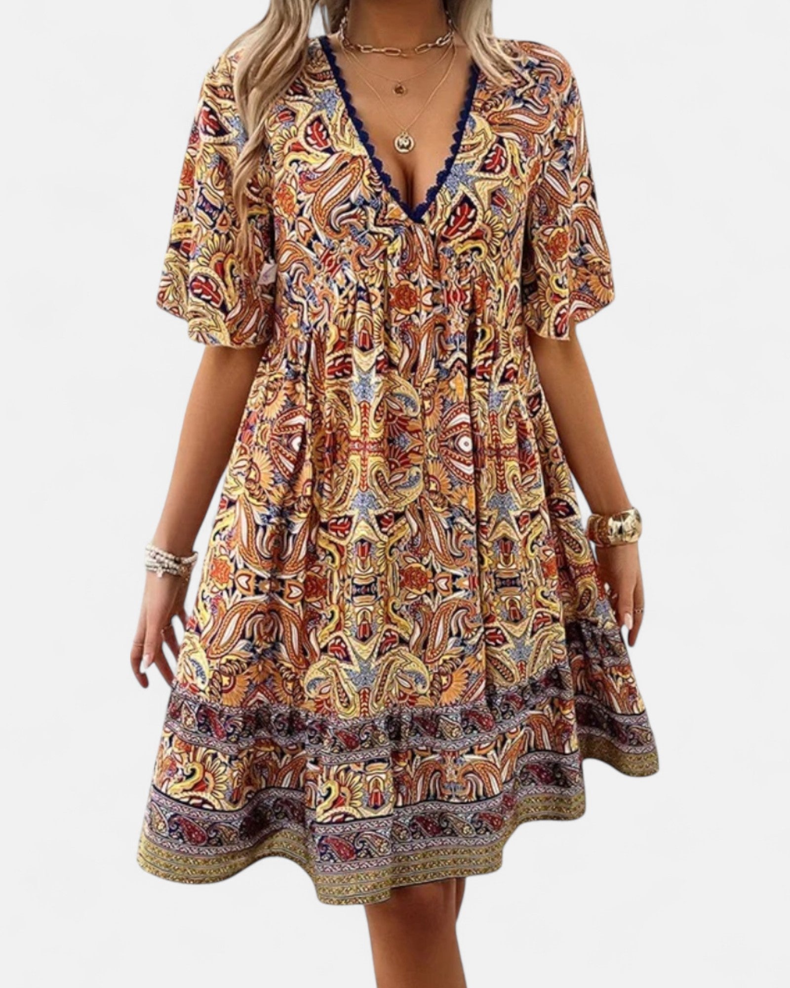 Ariella – Bohemian V Neck Cotton Paisley Summer Dress - Dresses - Boho Style