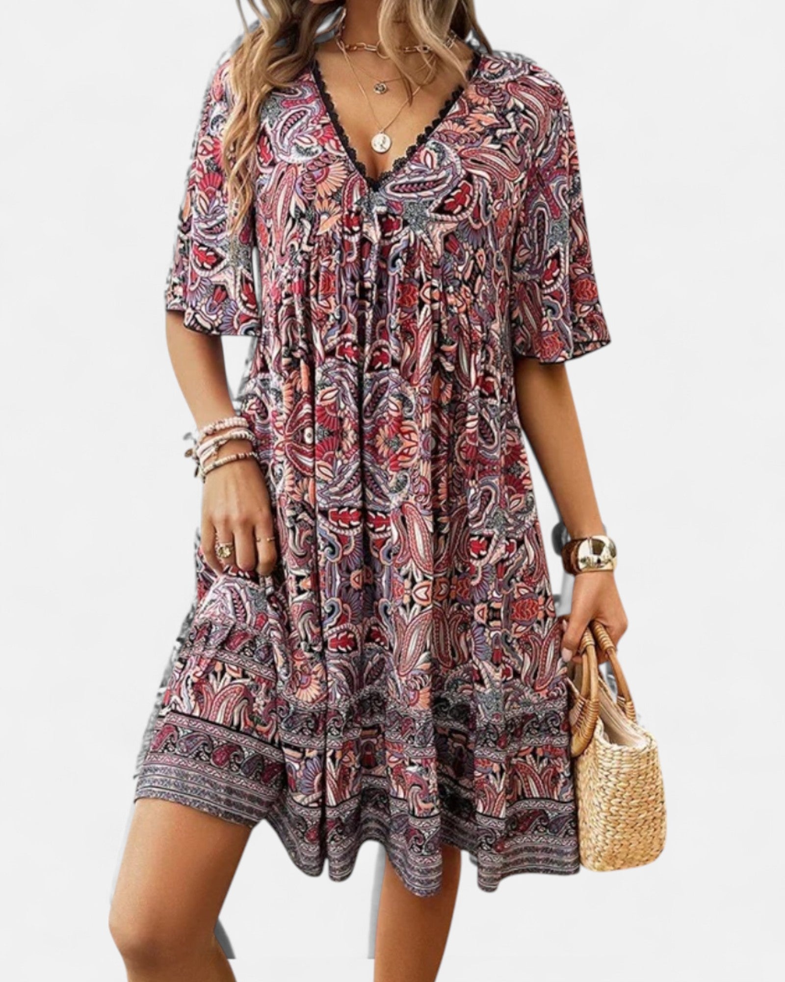 Ariella – Bohemian V Neck Cotton Paisley Summer Dress - Dresses - Boho Style