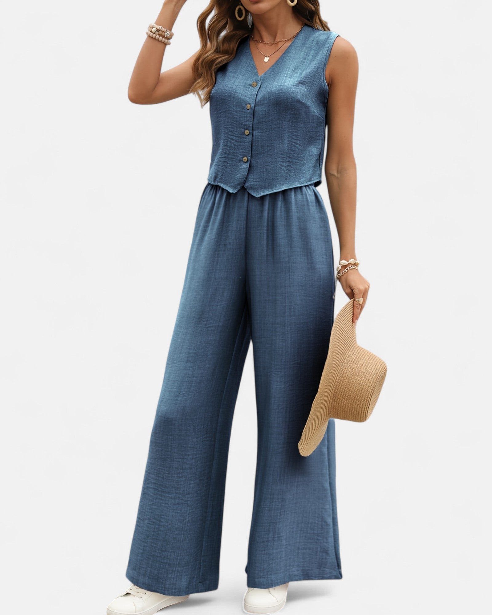 Ariella – Boho V - Neck Sleeveless Jumpsuit & Wide - Leg Trousers Set - Outfit Sets - Boho Style