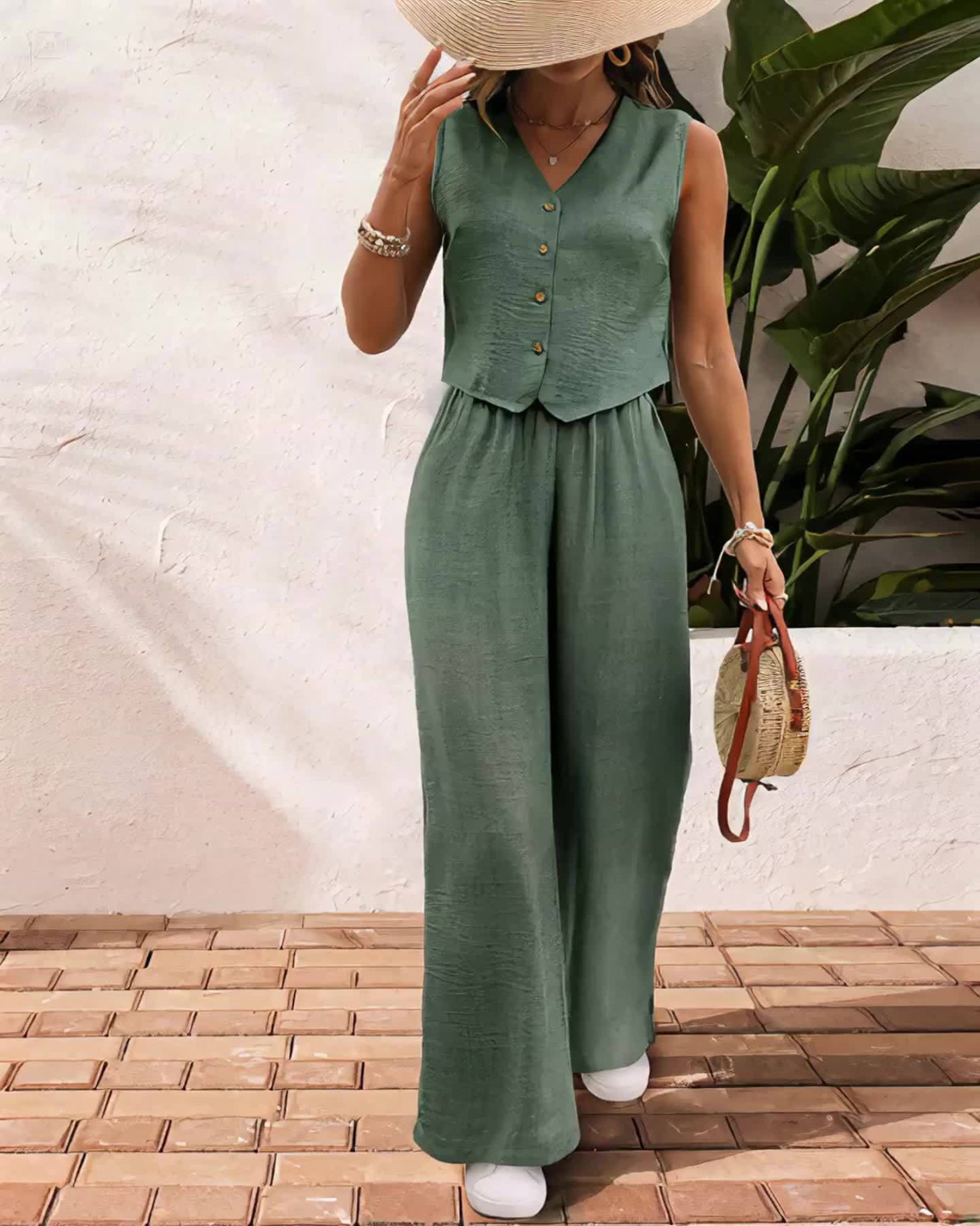 Ariella – Boho V - Neck Sleeveless Jumpsuit & Wide - Leg Trousers Set - Outfit Sets - Boho Style