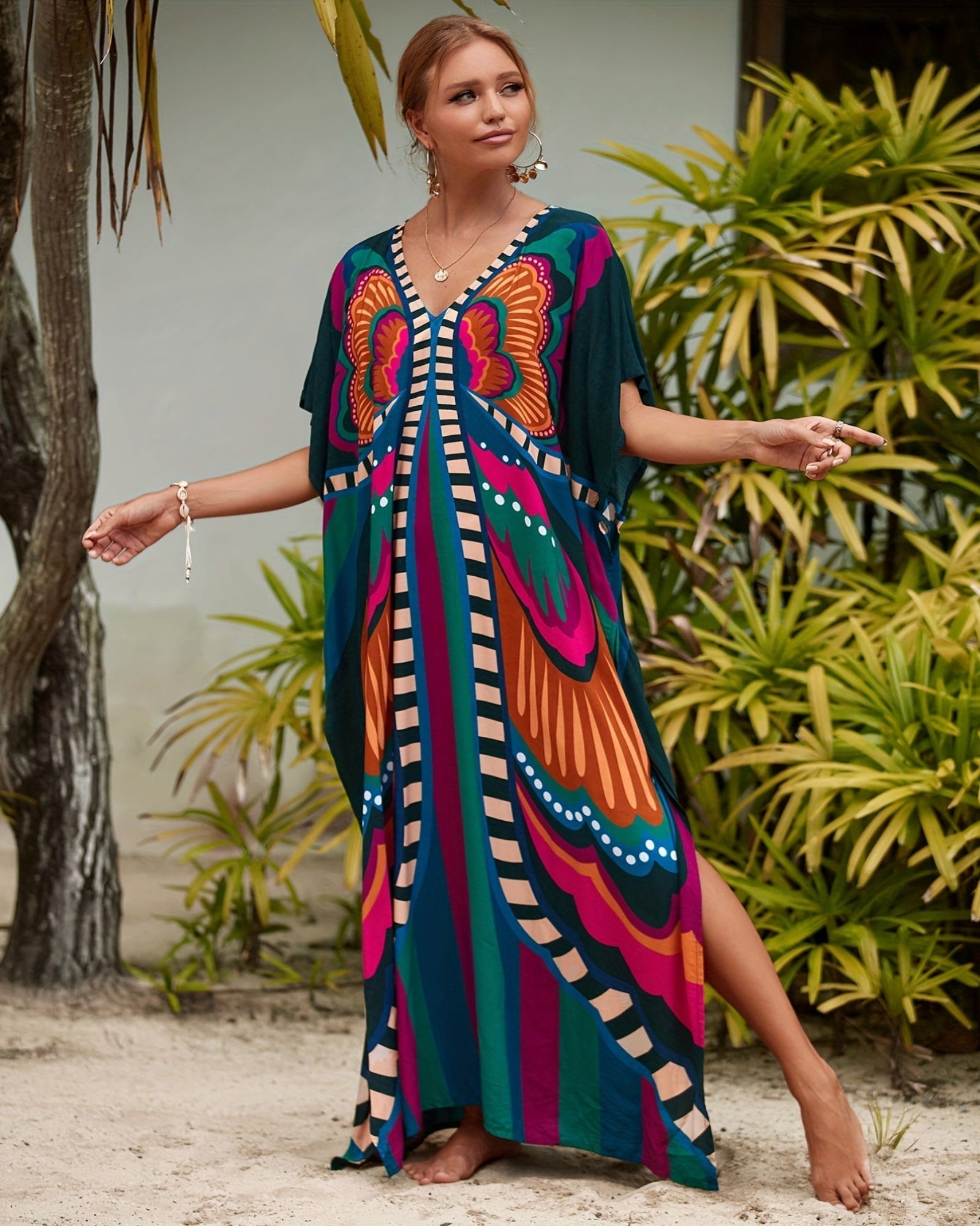 Arlen – Boho V Neck Butterfly Print Kaftan Dress - Dress - Boho Style