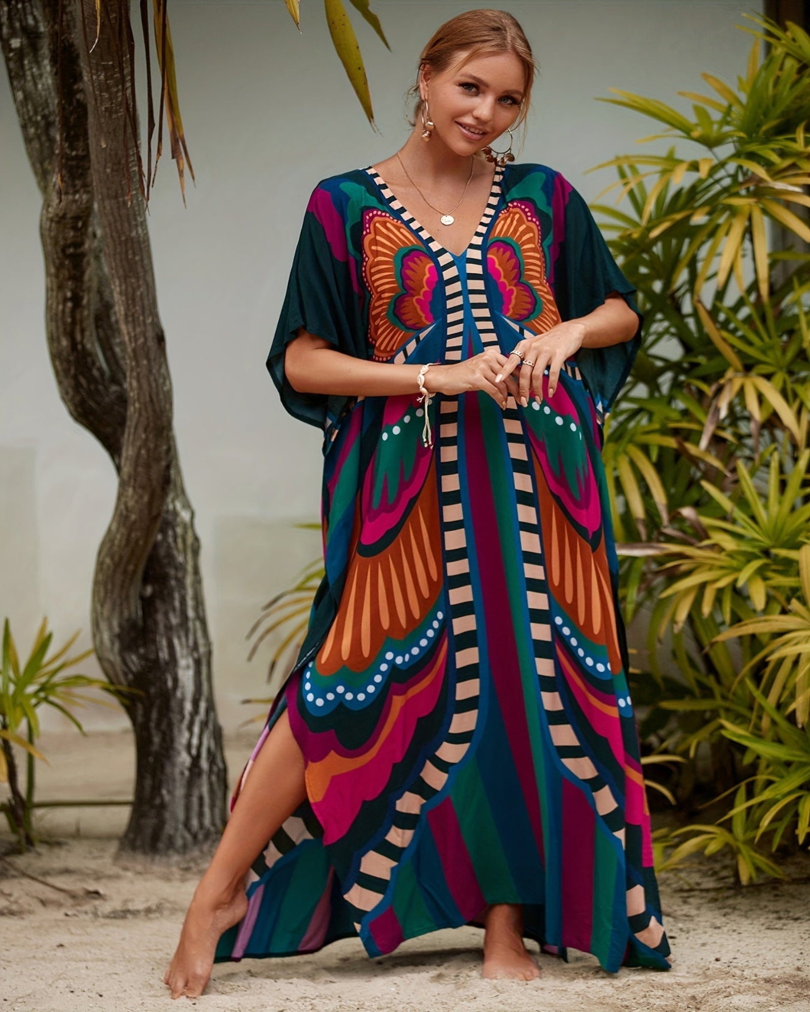 Arlen – Boho V Neck Butterfly Print Kaftan Dress - Dress - Boho Style