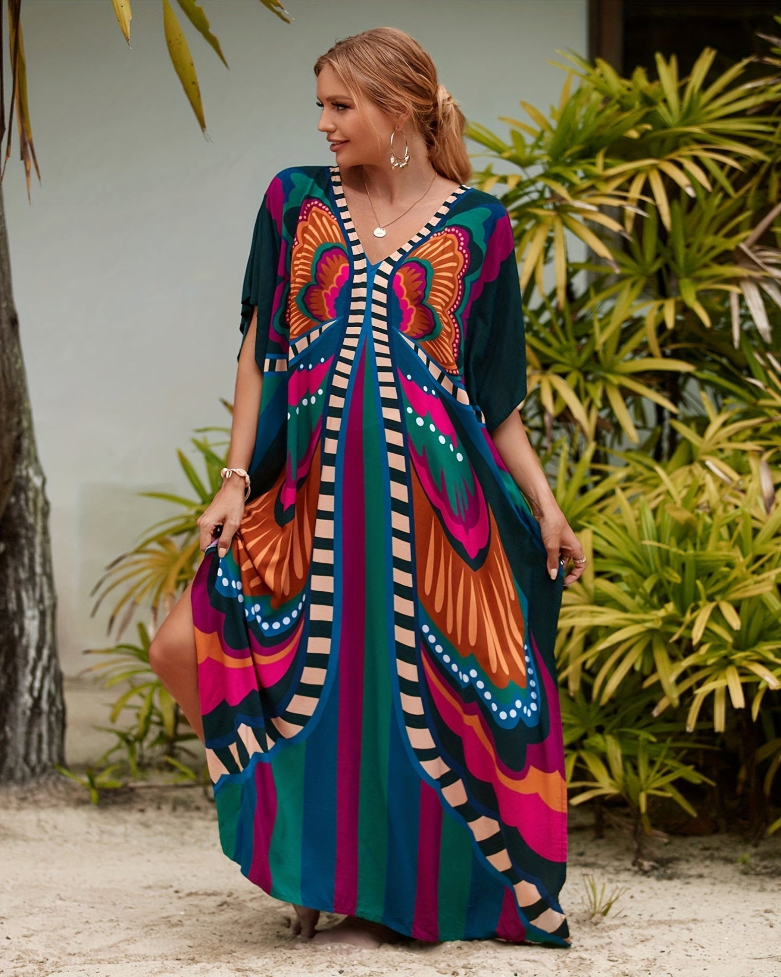 Arlen – Boho V Neck Butterfly Print Kaftan Dress - Dress - Boho Style
