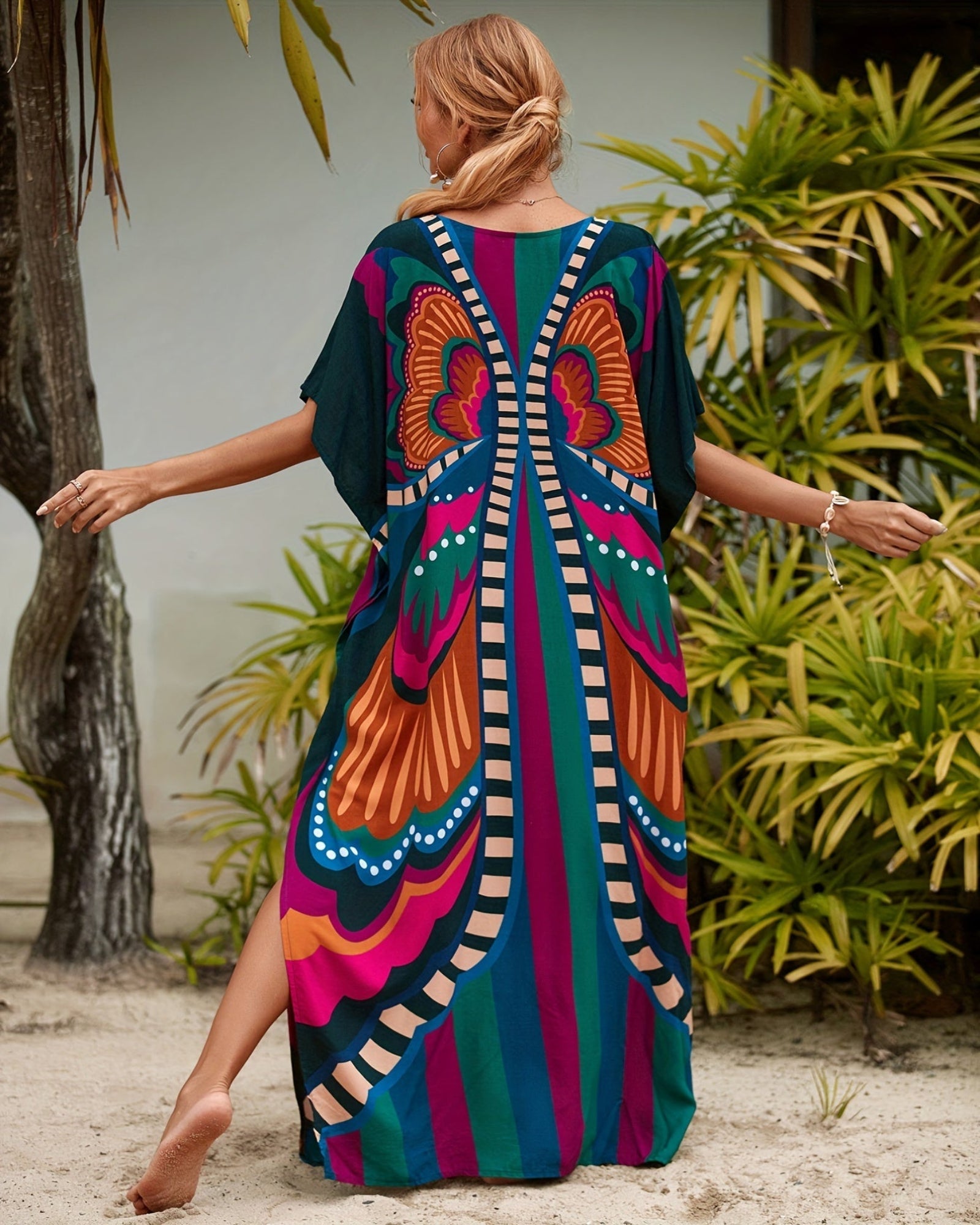 Arlen – Boho V Neck Butterfly Print Kaftan Dress - Dress - Boho Style