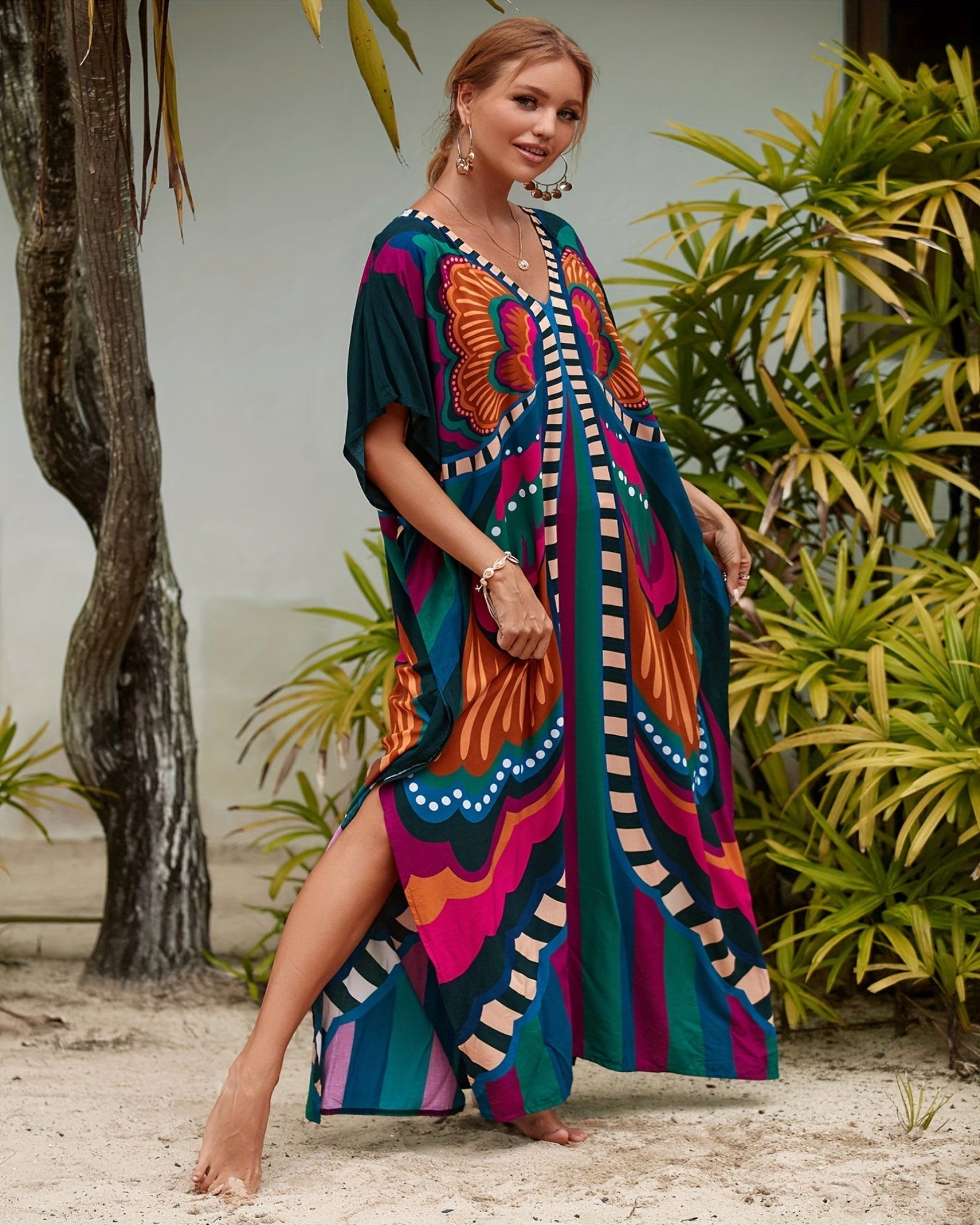 Arlen – Boho V Neck Butterfly Print Kaftan Dress - Dress - Boho Style