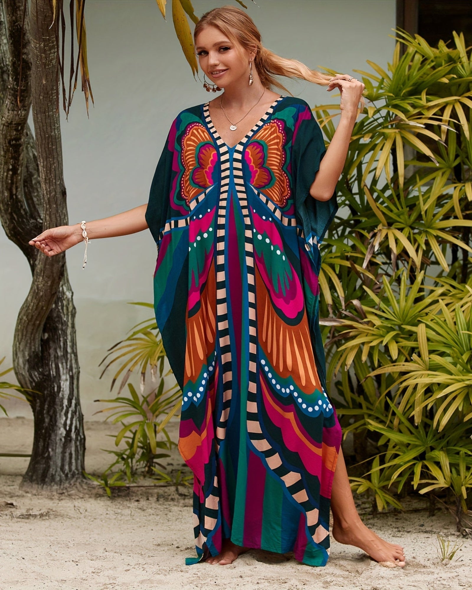 Arlen – Boho V Neck Butterfly Print Kaftan Dress - Dress - Boho Style