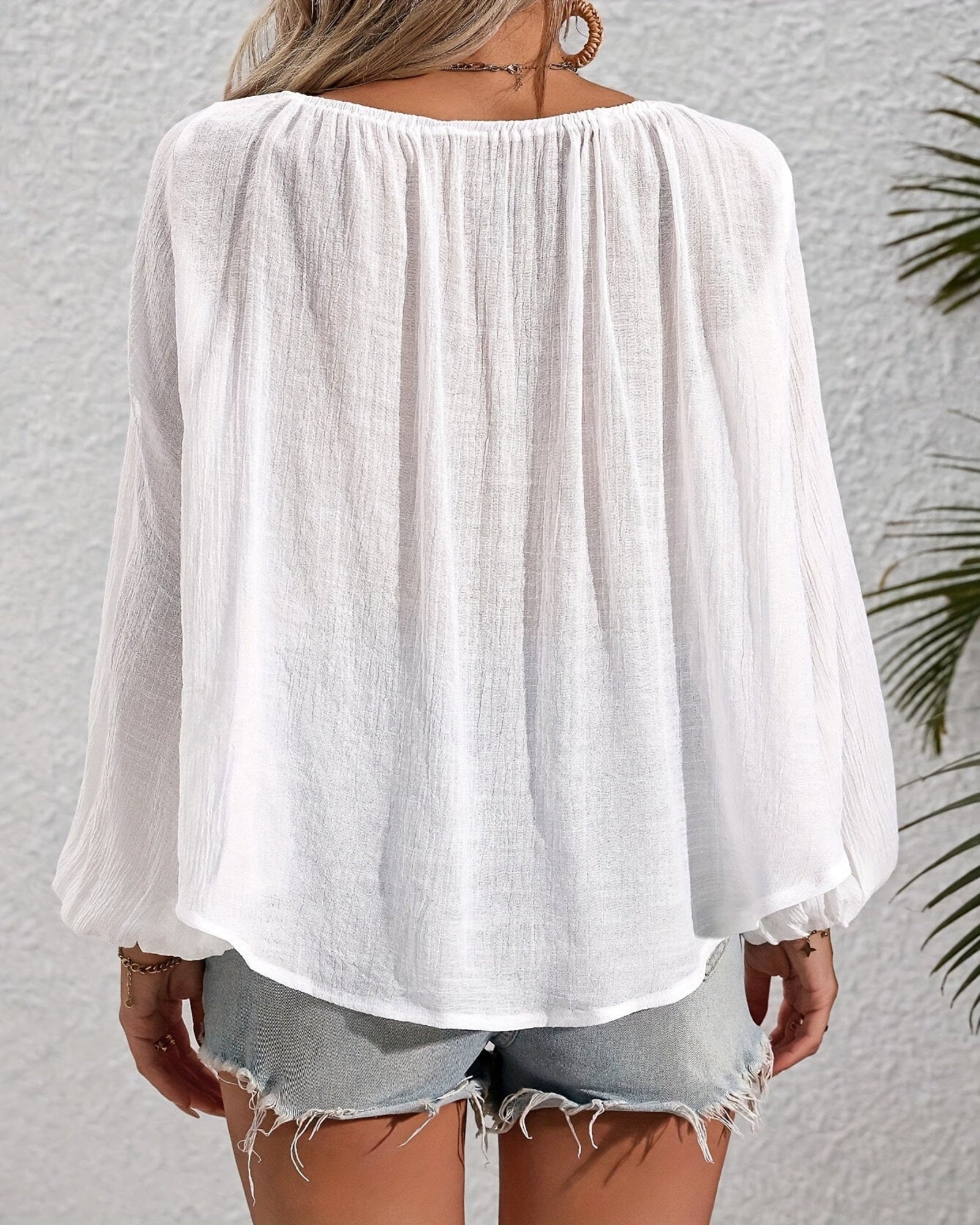 Aven – Boho V - Neck Blouse with Lantern Sleeves & Tassels - Blouses - Boho Style