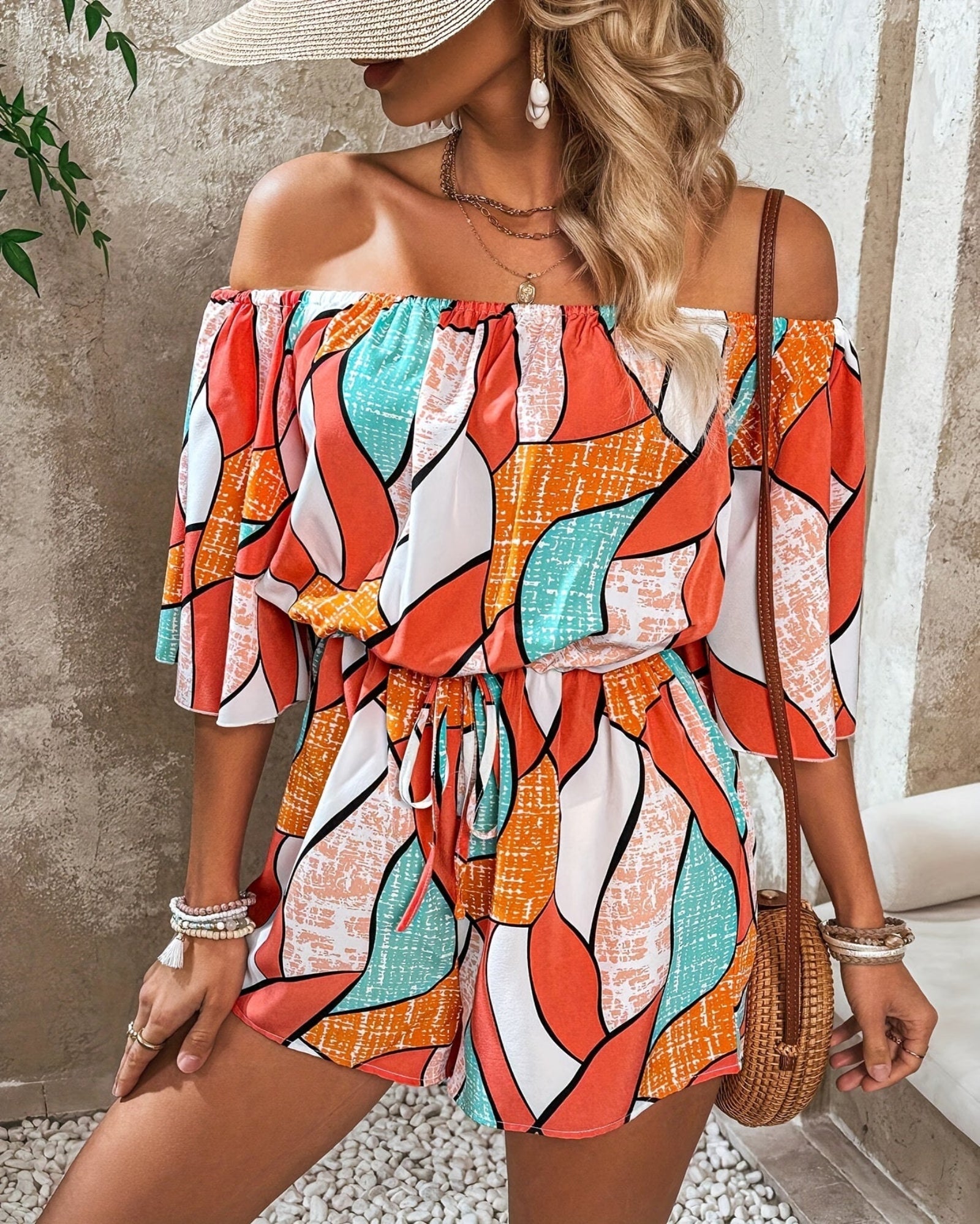 Briella – Boho Off - Shoulder Geo Print Romper - Romper - Boho Style
