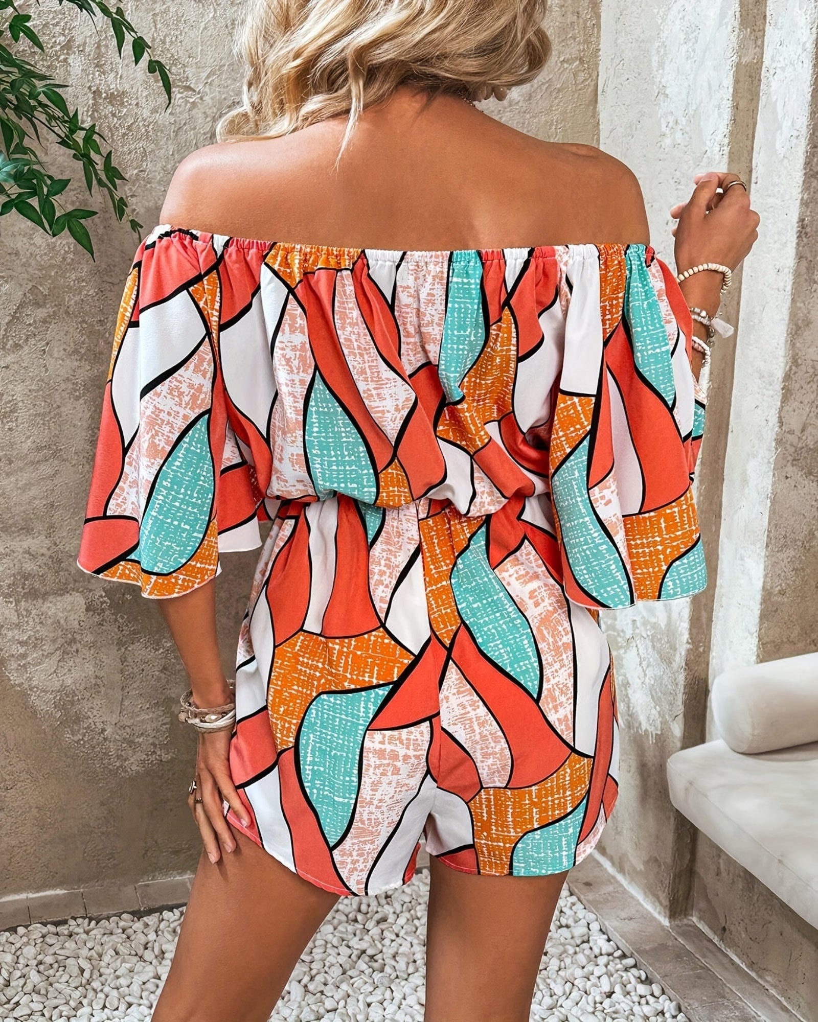 Briella – Boho Off - Shoulder Geo Print Romper - Romper - Boho Style