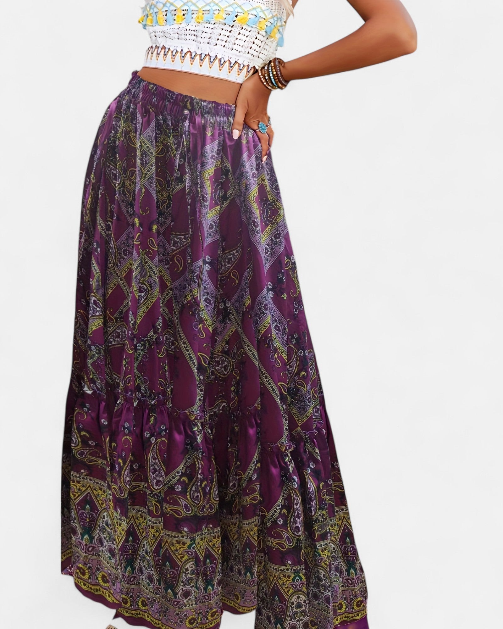 Calina – Boho Paisley Print Maxi Skirt with Drawstring Detail - Skirts - Boho Style