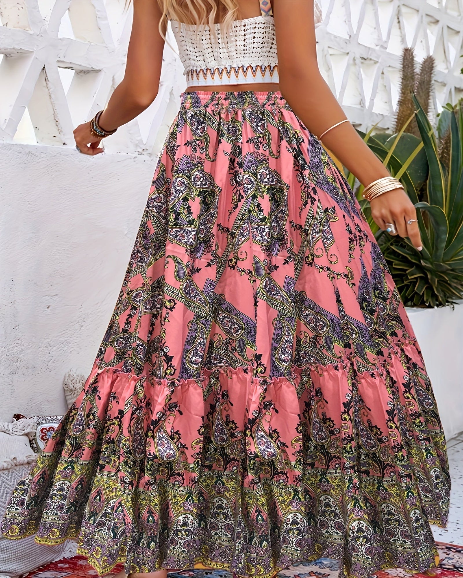 Calina – Boho Paisley Print Maxi Skirt with Drawstring Detail - Skirts - Boho Style