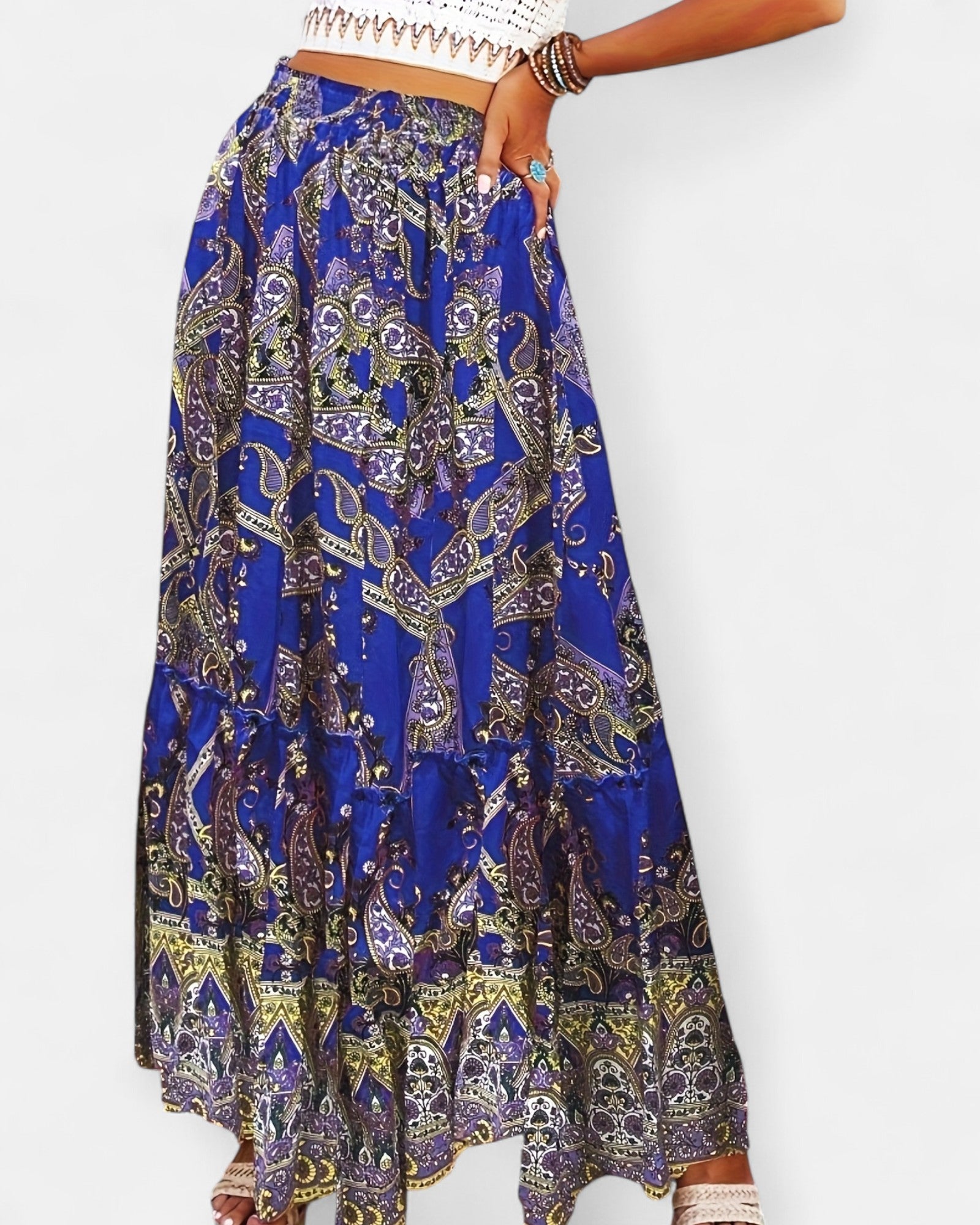 Calina – Boho Paisley Print Maxi Skirt with Drawstring Detail - Skirts - Boho Style