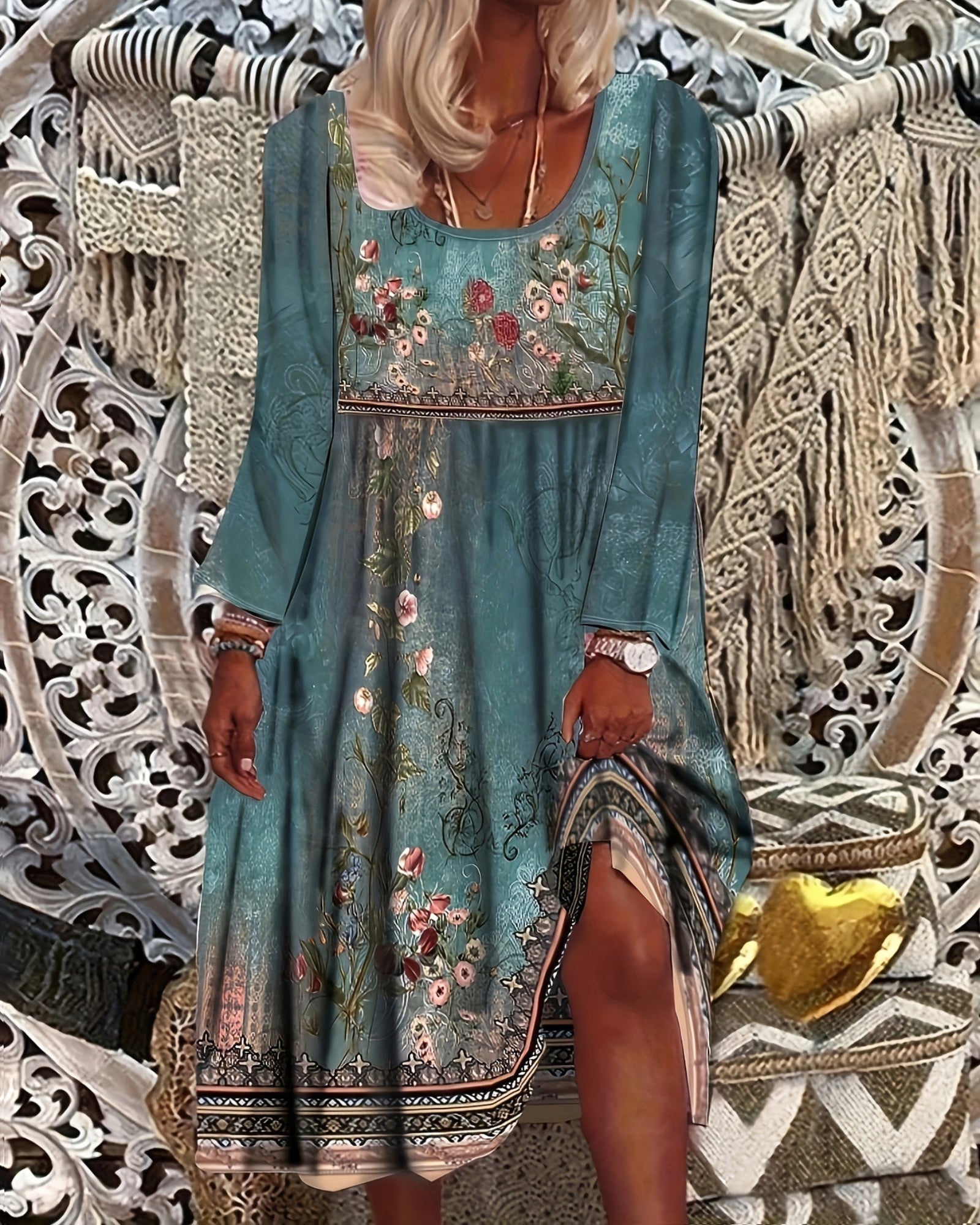 Celeste – Effortless Floral Print Midi Dress with Long Sleeves - Dress - Boho Style